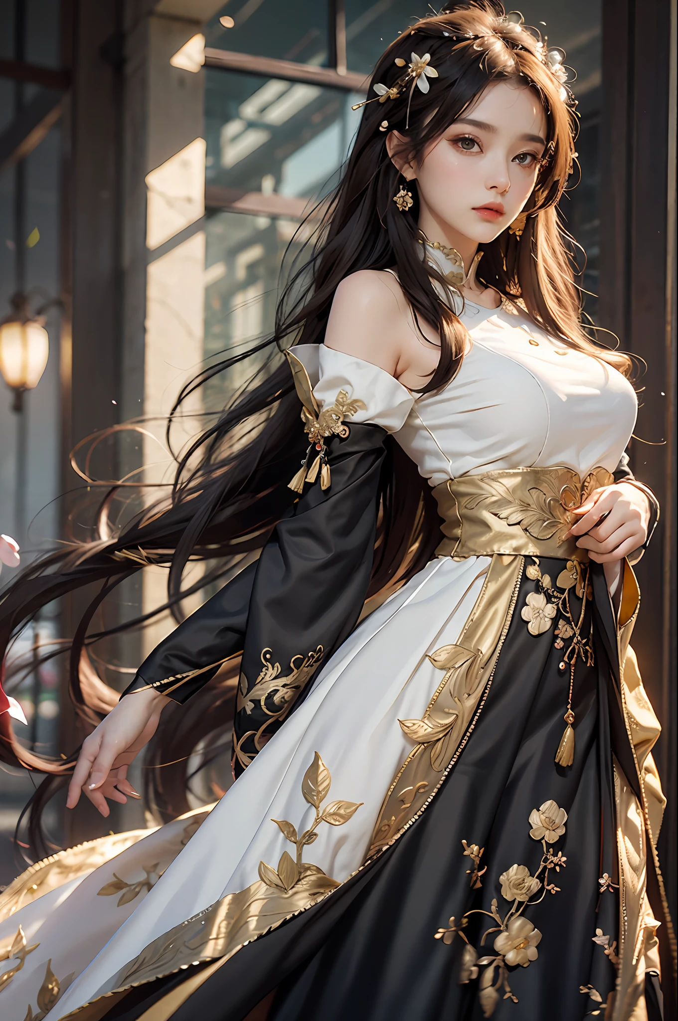 Superb Quality, Masterpiece, High Resolution, (Exquisite Body: 1.5), Beauty, Bare Shoulders, Extra Large Breasts (2.5) Wide Buttocks, Thin Waist, Stunning Beauty, (Milky Skin: 1.3), Exquisite Details, High Resolution, Wallpaper, 1 Woman, Solo, Dress, Hair Accessories, (((Golden Black Dress)) ), Flower, Long Hair, Brown Hair, Shut Up, Accessories, Long Sleeves, Raised Hands, Wide Sleeves, Big Eyes, Flowing Hair, Hanfu, Hanfu, Embroidery, Long Dress, Natural Pose, Falling Petals, Indoor, Fanning, Lantern, 16K, HDR, High resolution, depth of field, (film grain: 1.1), Bocon, prime time, (lens flare), vignetting, rainbow, (color grading: 1.5)