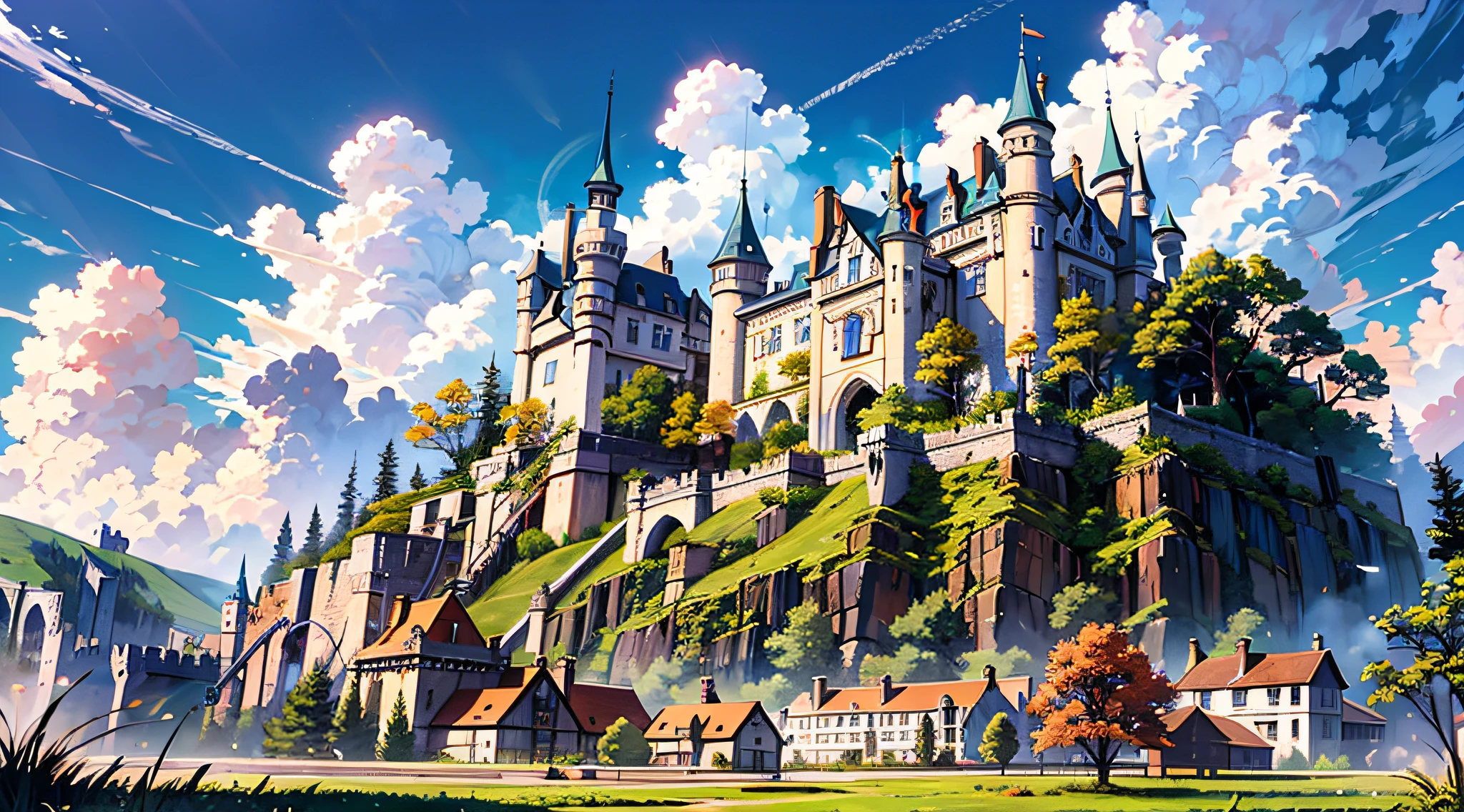 (magnificent masterpiece, top-notch quality) Anime artwork with a captivating Fantasy theme, featuring vibrant colors and a charming blend of blue sky, lush green plains, an enchanting castle, high wall around the castle