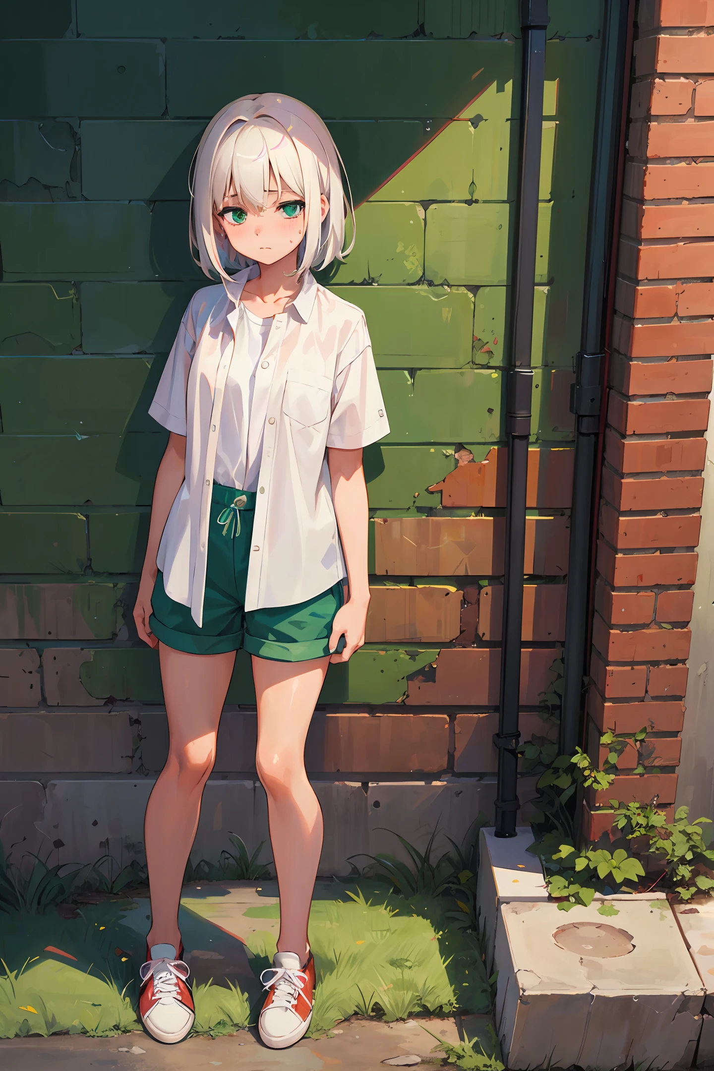 Anime girl, full-length, short white hair, green eyes, white shirt with unbuttoned top buttons, medium-length shorts, green sneakers, background with a brick wall drenched in paint, sad
Beautiful face