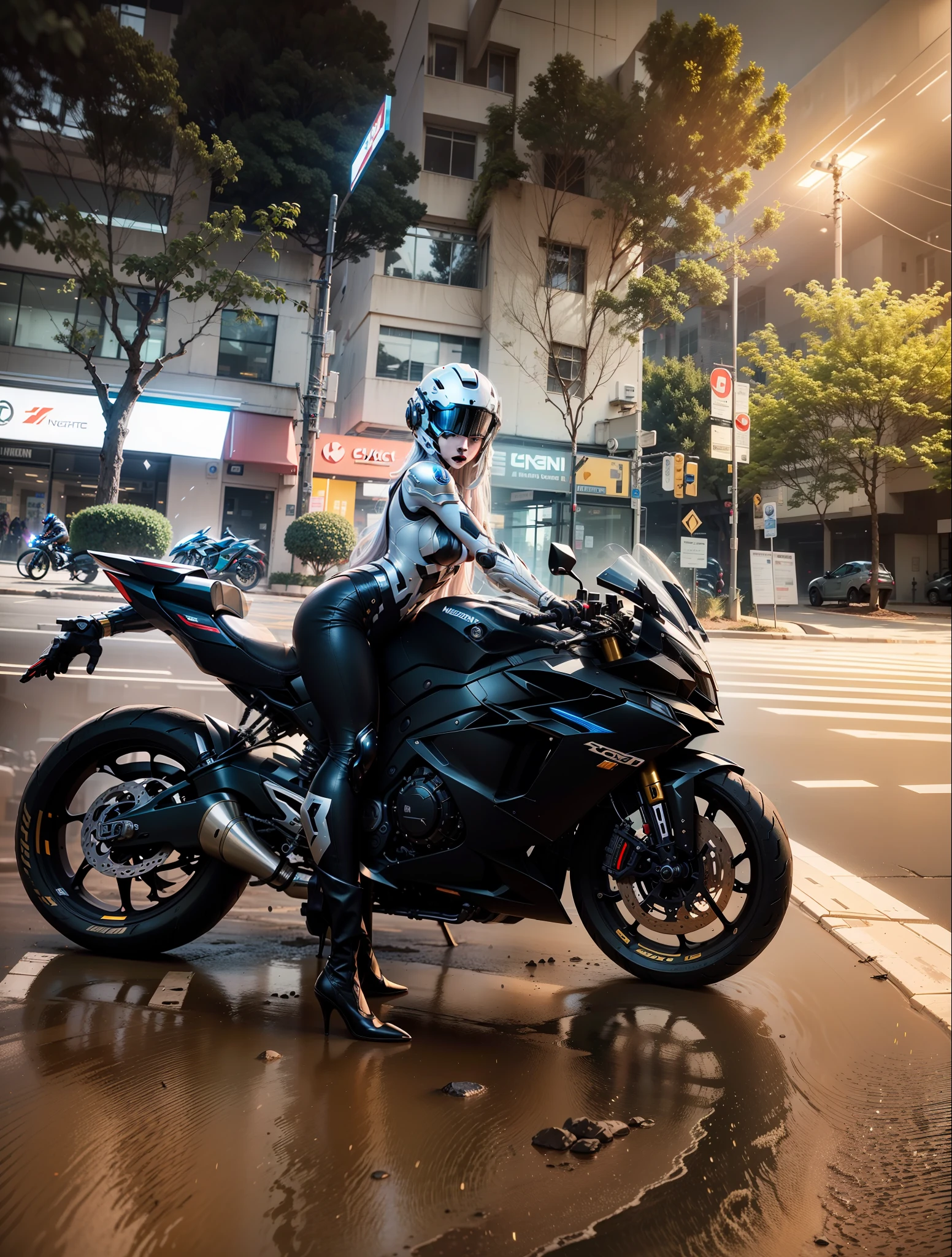 Cyber Warrior Woman and Cyber Mechanical Motorcycle, White Flowing Long Hair, Full Body Exquisite High-Tech Armor, Exquisite Black Tech Helmet, Nousr, Biomechanics, MSHN Robot Man, High-Tech Helmet, Hyperreal, Steel, Intricate Design, Crazy Details, Fine Details, Extremely Clear Lines, Cinematic Lighting, Photo Realistic, Detailed Masterpiece