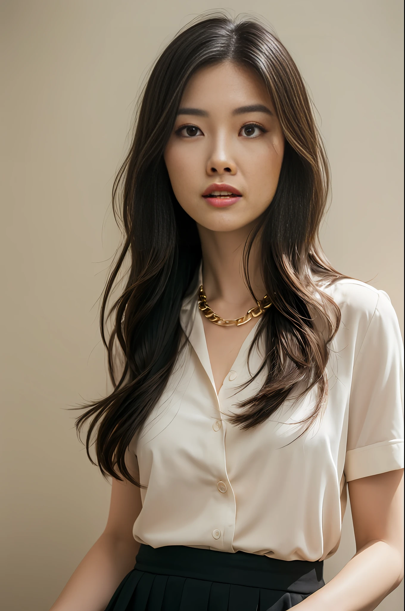 (Masterpiece: 1.3), (8k, Photorealistic, RAW Photo, Best Quality: 1.4), (1girl), Shallow depth of field, Face in focus, Soft focus, Beautiful face, (Backlight: 1.5), (Ambient: 1.3), (Realistic Face), (Black hair, Medium Short: 1.3), Hair with gentle waves, Hair that flutters and spreads in the wind, Back hair is spread by the wind, short bangs, realistic eyes, dark brown pupils, highlights in pupils, beautiful detail eyes, (plenty of natural light), (realistic skin), beautiful skin, blouse, flared skirt, watch, thin gold chain necklace, thin gold chain bracelet, bag, bright plain pale wall surface and sky background, absurd, attractive, ultra high resolution, ultra realistic, High definition, golden ratio, whole body of walking figure, gesture of raking hair with hands, sitting on a stool