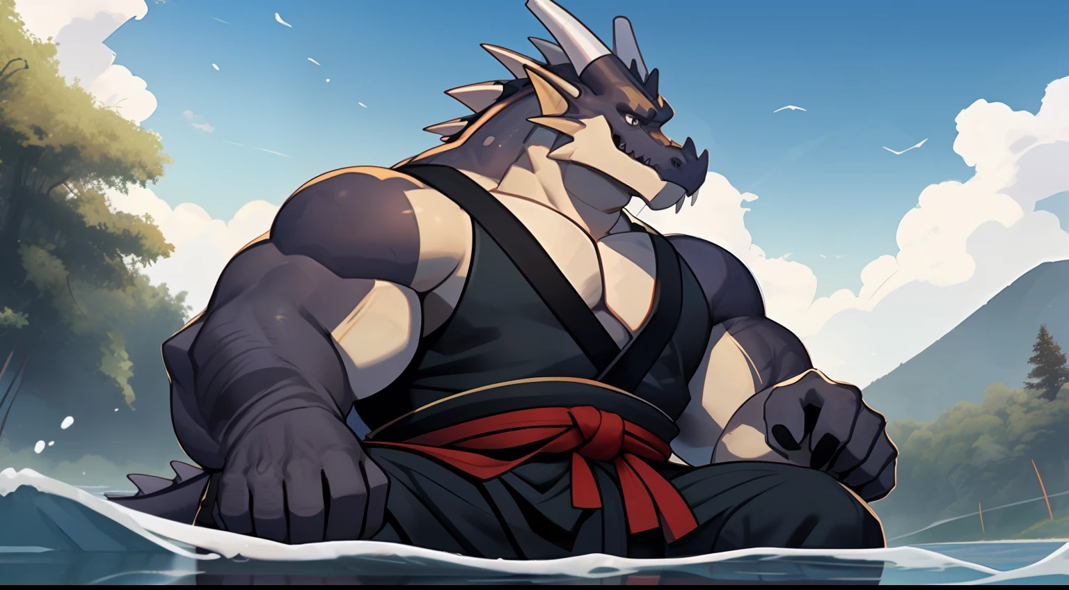 anthro, male, old chubby Dragon, (Red Dragon), (detailed eyes), detailed clothing, big fat. overweight, white beard, Samurai clothes, lake background, winding, sitting on water (wild_long_Beard), (mustache), pov side view, (wide dynamic view) (Half view angles),