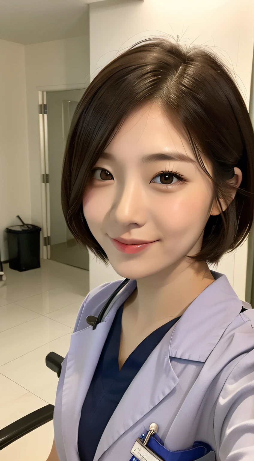 ((top quality, 8k, masterpiece: 1.3)), crisp focus, one girl, slim beauty: 1.2, brown hair, delicate hair, (big: 1.5), (layer cut), (short cut), detailed eyes, double eyelids, pretty smile, mouth closed, (cute), soft skin, whole body, ultra-realistic, detailed hospital room, (cute short-haired female doctor who comes for detailed rounds), Resolute face, (detailed female doctor's uniform), upper eyes