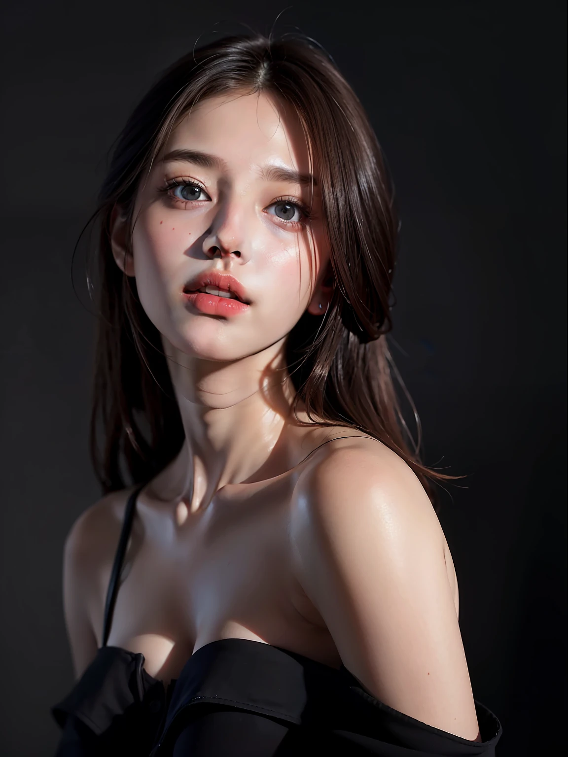 Best quality, masterpiece, ultra high res, (photorealistic:1.4), raw photo, 1girl, offshoulder, in the dark, deep shadow, low key, cold light