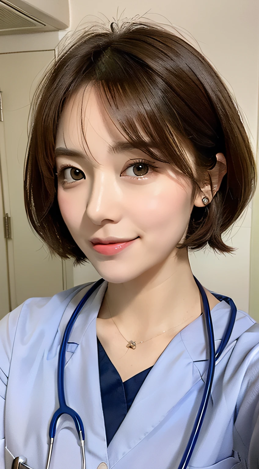 ((top quality, 8k, masterpiece: 1.3)), crisp focus, one girl, slim beauty: 1.2, brown hair, delicate hair, (big: 1.5), (layer cut), (short cut), detailed eyes, double eyelids, pretty smile, mouth closed, (cute), soft skin, whole body, ultra-realistic, detailed hospital room, (cute short-haired female doctor who comes for detailed rounds), Resolute face, adult woman (detailed female doctor's uniform), upper eyes