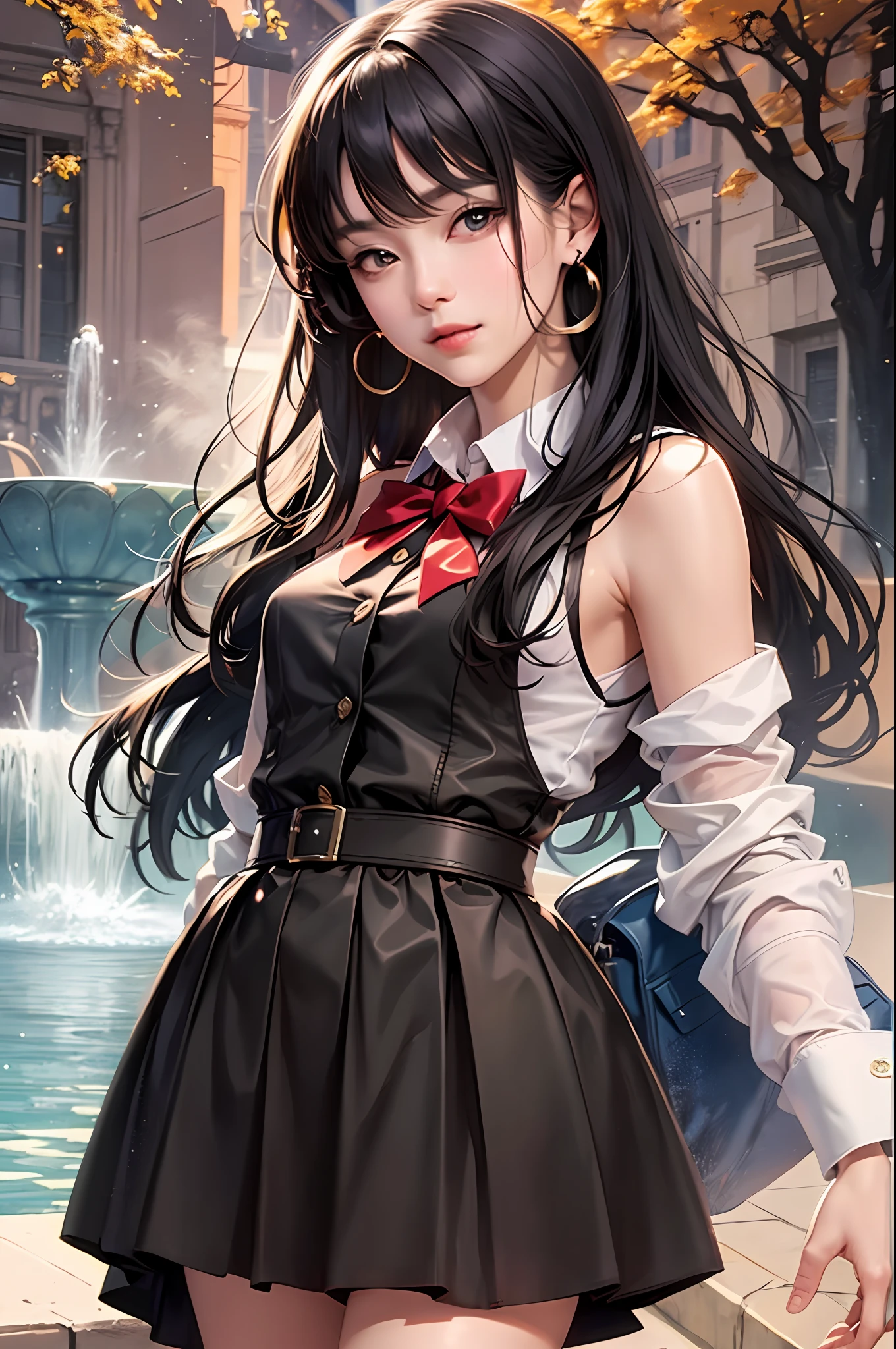 Focus on the person. We create and express the best shining composition of the person. ((Masterpiece)), (((highest quality)))), ((Ultra detail)), (Ultra realistic), (Highly detailed CG illustrations), (Very delicate and beautiful), Girls as masterpieces, highest quality, realistic skin, realistic fabrics, realist illustrations focusing on girls with realistic and ultra-detailed eyes in the center front. This is the absolute rule, and the following sentence expresses the image quality. It is the best masterpiece in the history of the entire universe in the past and future of the entire universe by Kazuo Inuitsuki, in which the owner of the greatest painting talent in human history meets an unparalleled beauty and riskes his life to depict the most beautiful figure. Create stunning anime artwork that is currently trending on seaStation, showcasing exquisite beauty and captivating aesthetics. The park at dusk, surrounded by a large fountain located in the center of it, is filled with colorful flowers and its beauty fascinates visitors. Tiny droplets of water soar from the fountain, and the droplets glitter in the light of the setting sun. Standing in front of the fountain is a woman, whose name is Yuki. Her hair is black, straight and shoulder-long. Her hair shines golden in the setting sun. Her eyes are big and her color is deep blue. His eyes have a mysterious glow that reminds him of a starry sky. Her skin is white and transparent like snow. Her lips are small, their color is pale pink. Her expression is calm and her smile is soothing to those who see it.
Her outfit is reminiscent of the school girl uniform of Japan. White collard shirt and red blazer. The buttons on its blazer are golden, and its glow reflects the light of the setting sun. Her skirt is a white pleated short skirt. The skirt flutters in the wind, and its movements are as beautiful as waves. At her feet, white socks and black loafers. The tip of the loafer shines in the light of the setting sun.
Ar