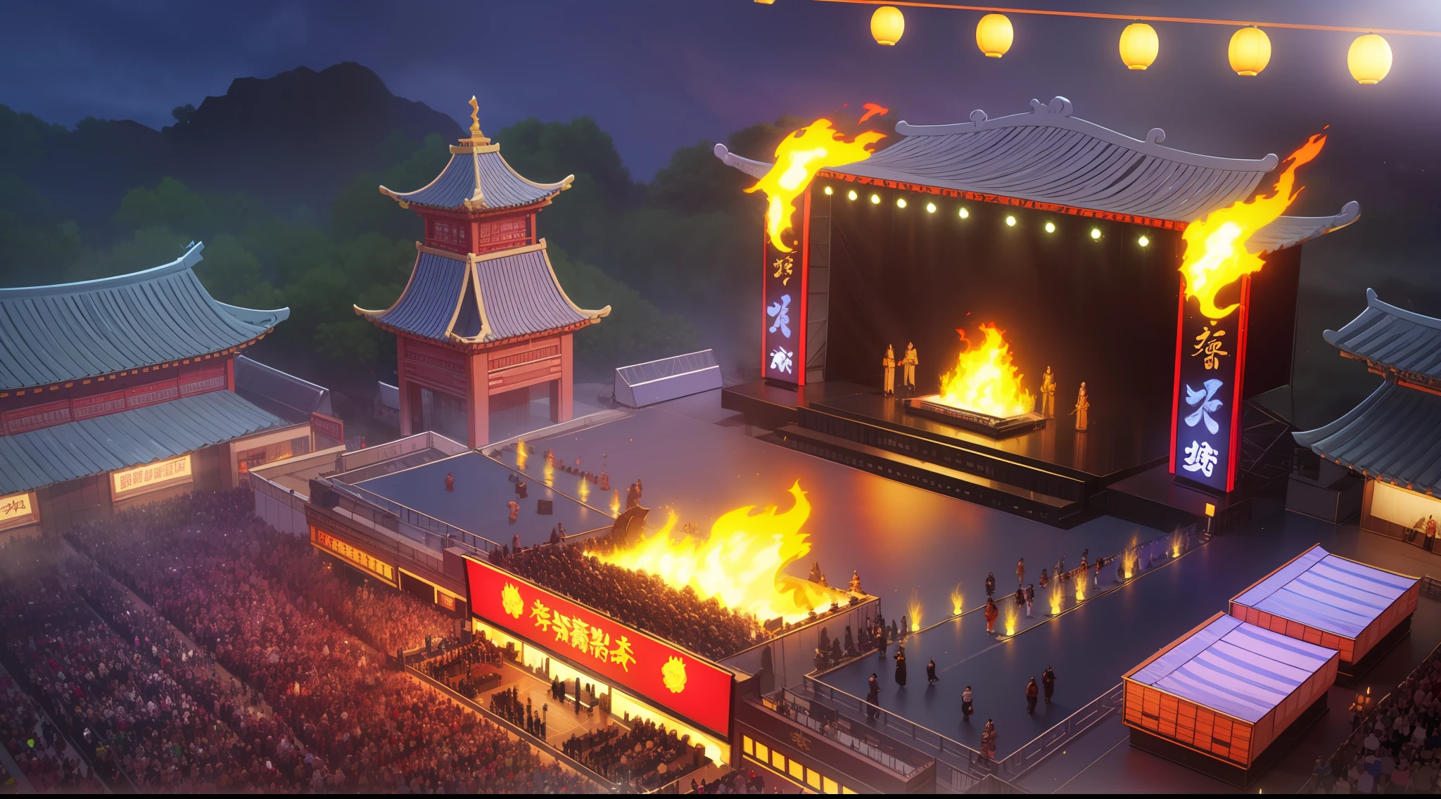 isometric style, poly art, stylized 3D rendering, 3D stylized scene, there are ancient Chu and Han armies facing off on the left and right in front of the Araffed stage, a Chinese dragon and a Siberian tiger facing off on the left and right in the sky, multicolored flame-burning sky, outdoor festival stage, elaborate stage effects, stage, rock concert stage, cheerful atmosphere, music festival, covered outdoor stage, photos in 2022, beautiful atmosphere, on stage, stage background, on stage, highly rendered!, shining and happy atmosphere, wide-angle lens