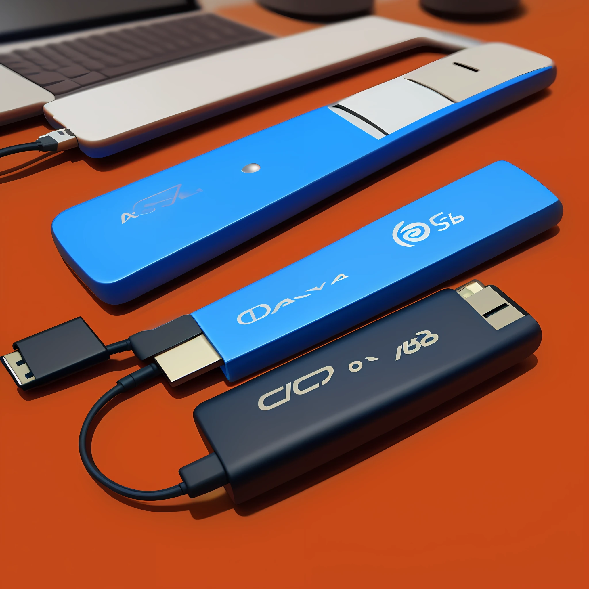 A USB stick on the table, give this USB stick a close-up, the overall bright style.