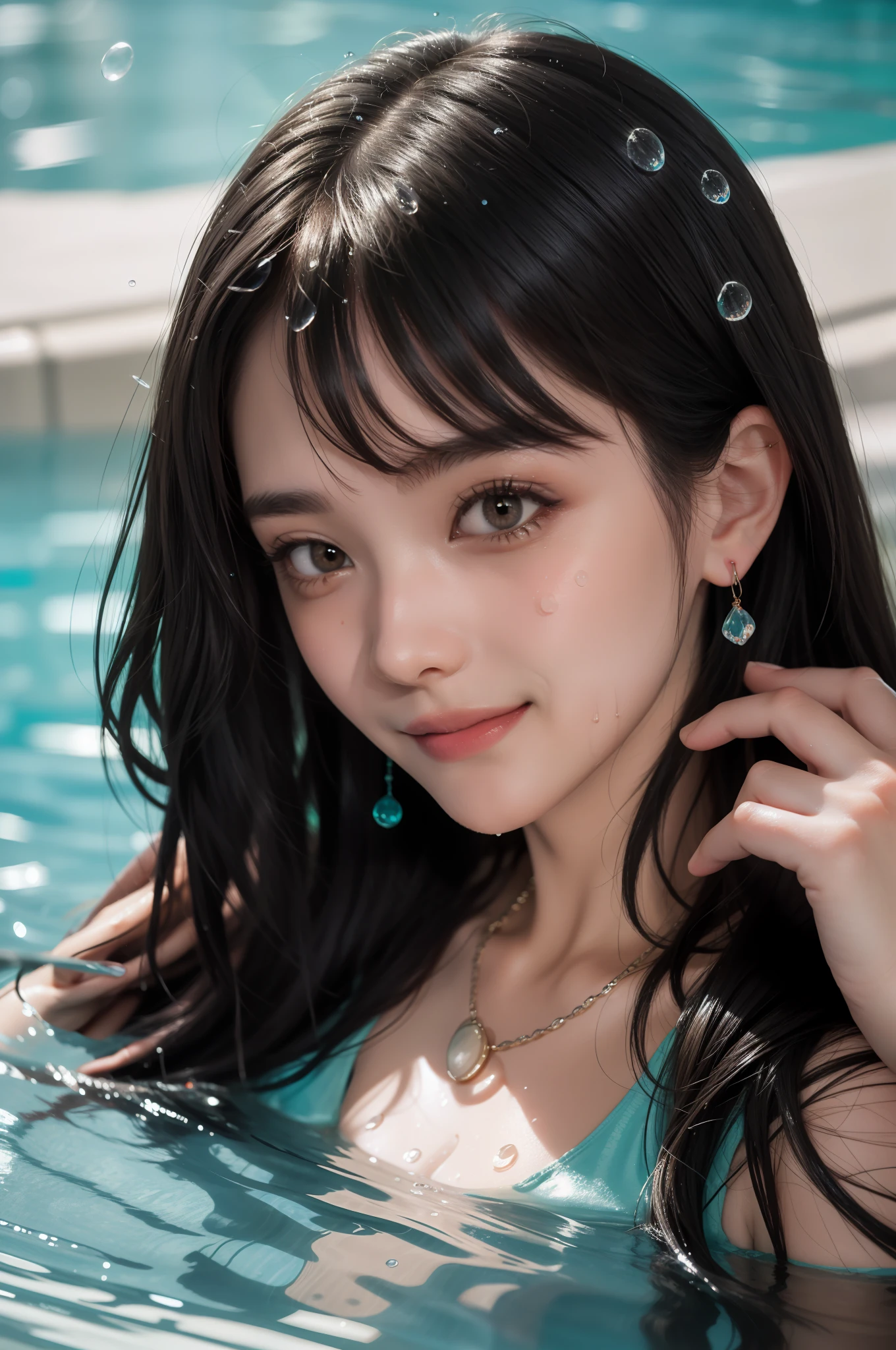 top quality, masterpiece, cinematic lighting, girl, smile, black hair, black eyes, pool, water droplets glittering on the body, waving towards me