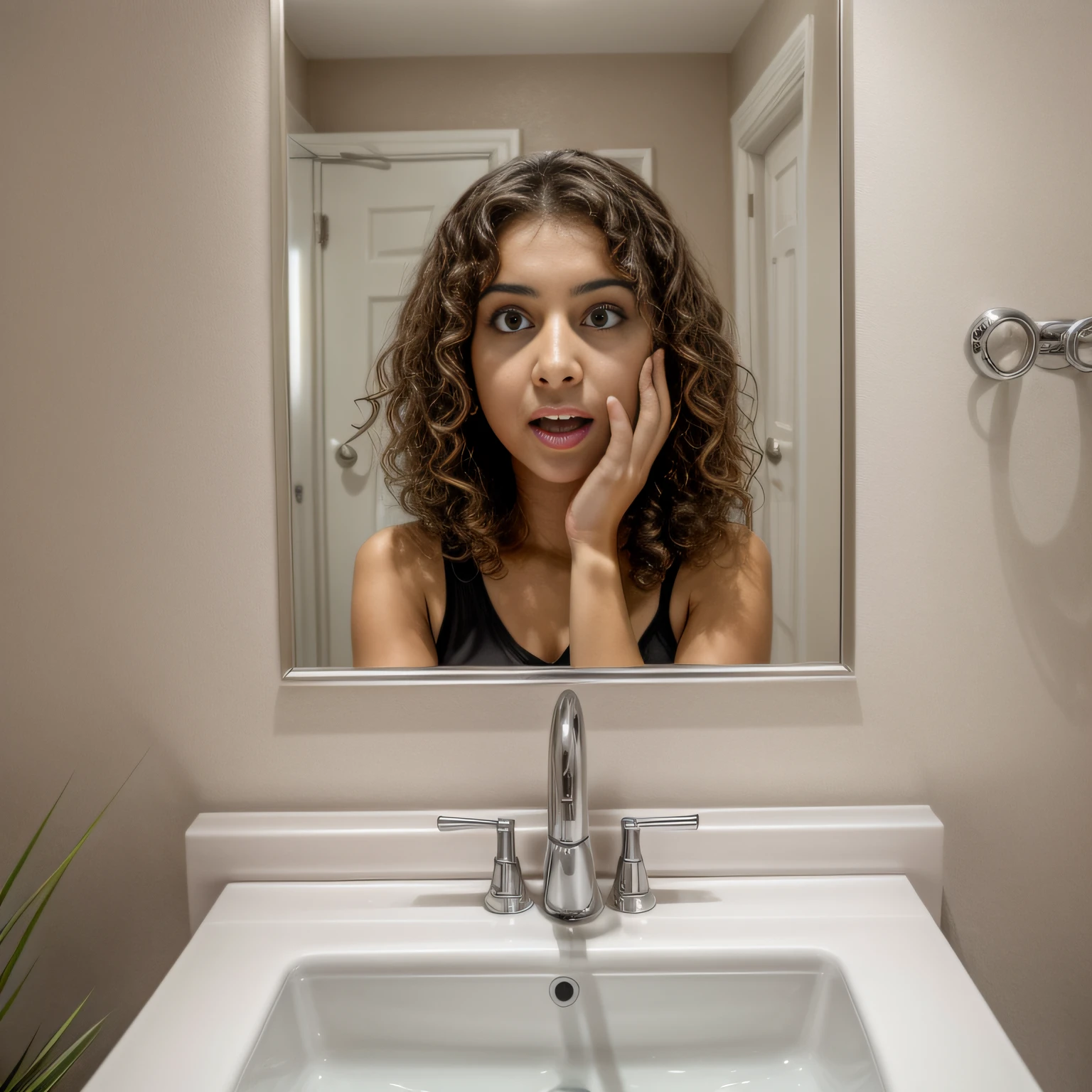1girl, young Arab woman looking at the camera with a shocked, surprised, scared face, messy hair, curly hair, big nose, big teeth, beautiful, touching her face, hand on cheek, realistic, open mouth, face front, front point of view, symmetrical, in a bathroom mirror, first person view, focal length 22mm, eyes of the woman in the centered on the image, seeing the sink and bathroom from the point of view of the woman