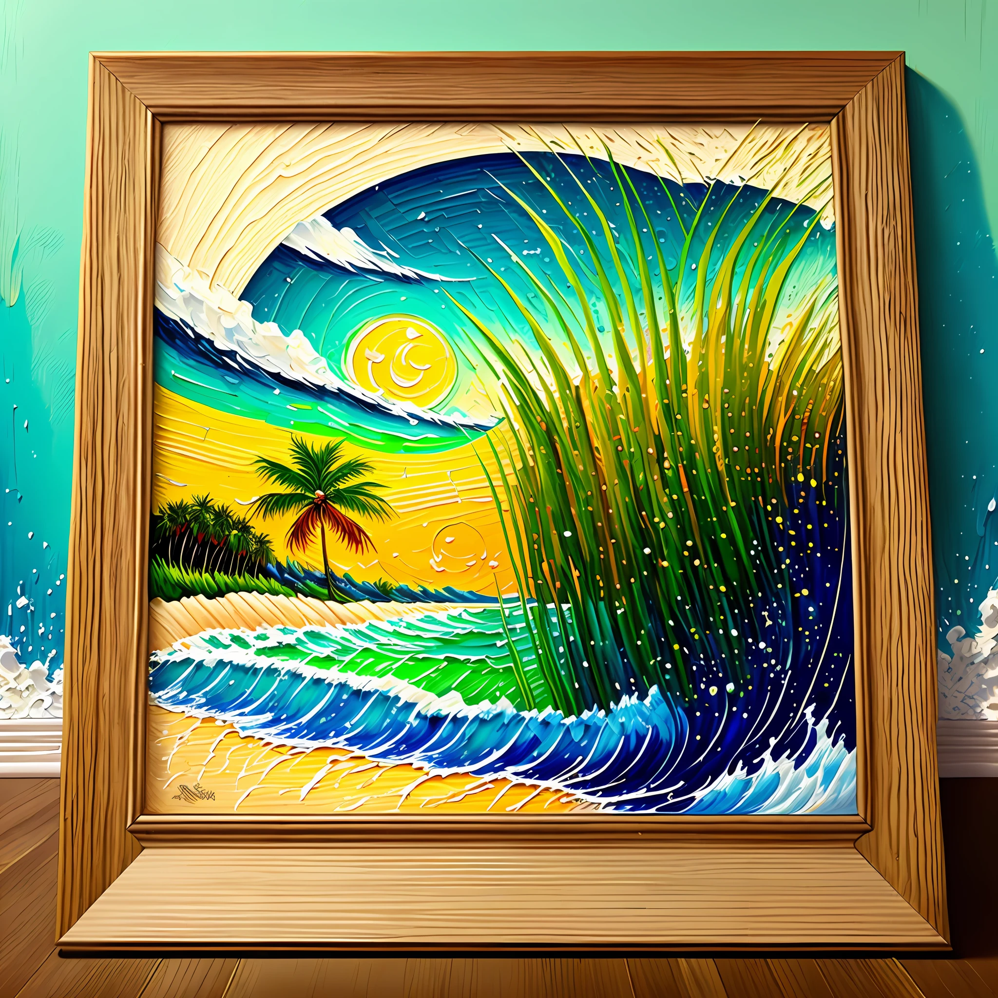 Raw and crude oil painting over wood Van Gogh Thick brush texbright colors yellow and green, summer cenario, beach, waves, palm trees --auto