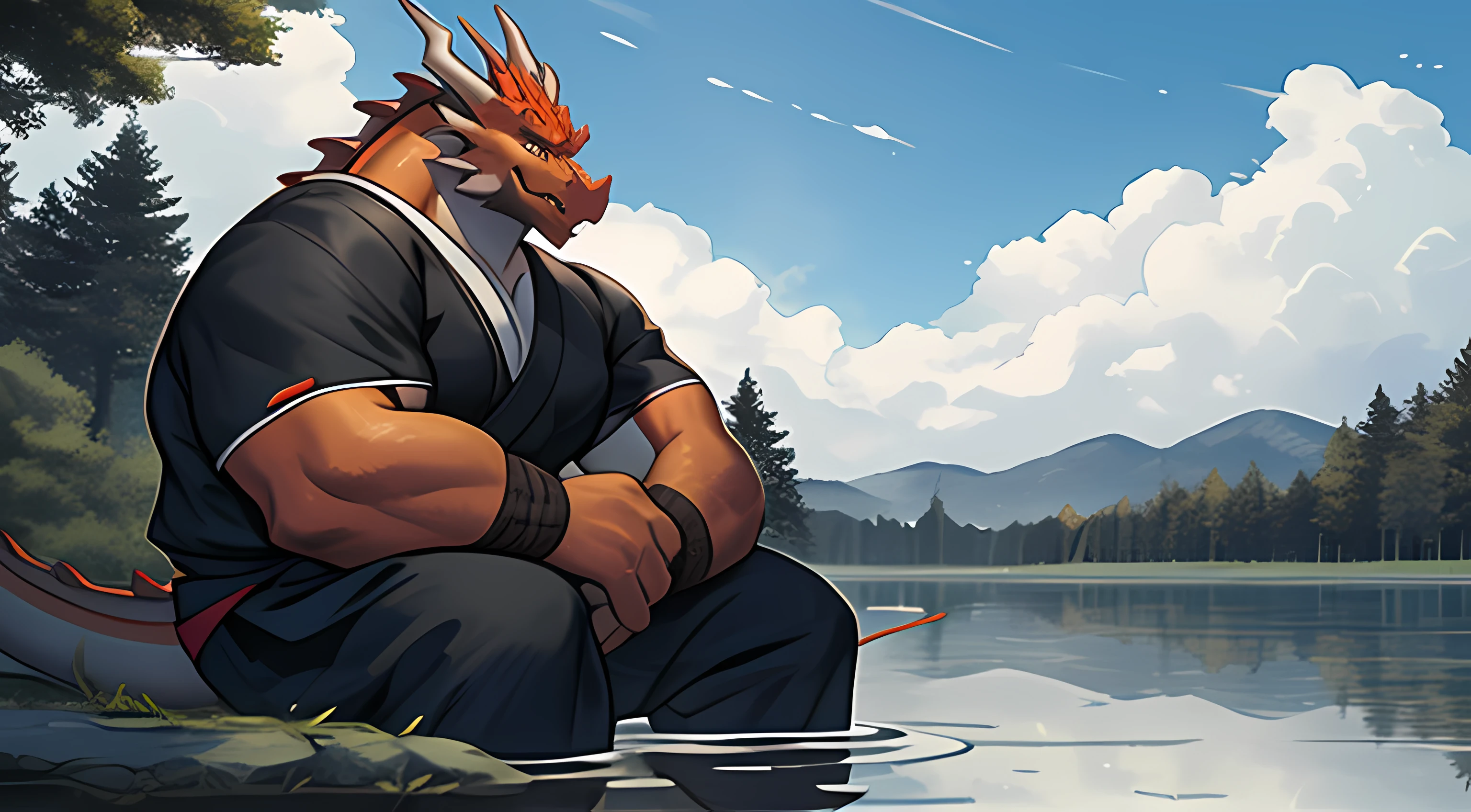 anthro, male, old chubby Dragon, (Red Dragon), (detailed eyes), Realistic clothing, big fat. overweight, white beard, Samurai clothes, lake background, winding, sitting on water (wild_long_Beard), (mustache), pov side view, (wide dynamic view) (Half view angles),