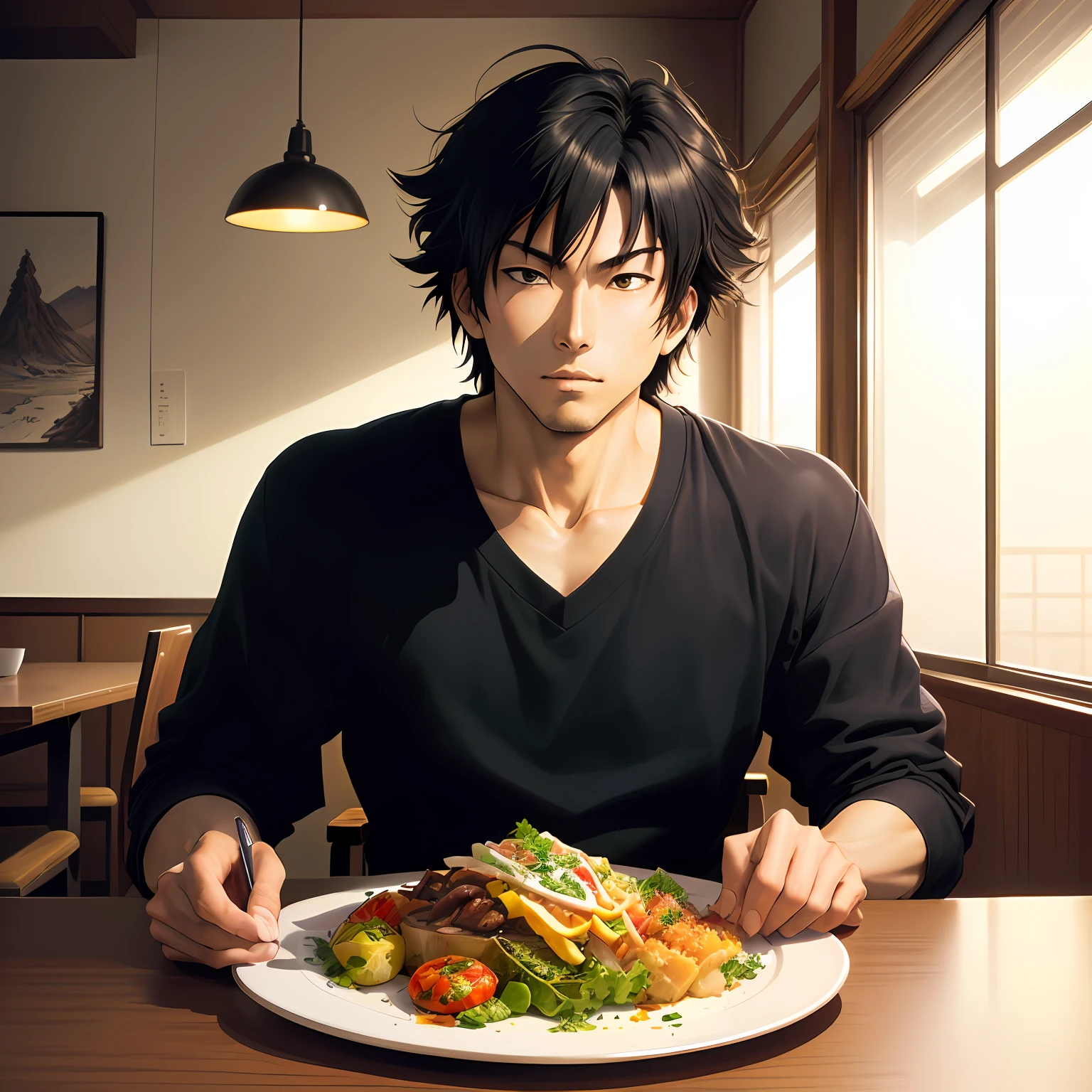 arafed man sitting at a table with a plate of food, style of kentaro miura!!!!, hiroaki tsutsumi style, kentaro, kentaro miura style, in style of kentaro miura, hideki anno, style of masami kurumada, daisuke tsutsumi, yoji takeshige, kazuki tanahashi