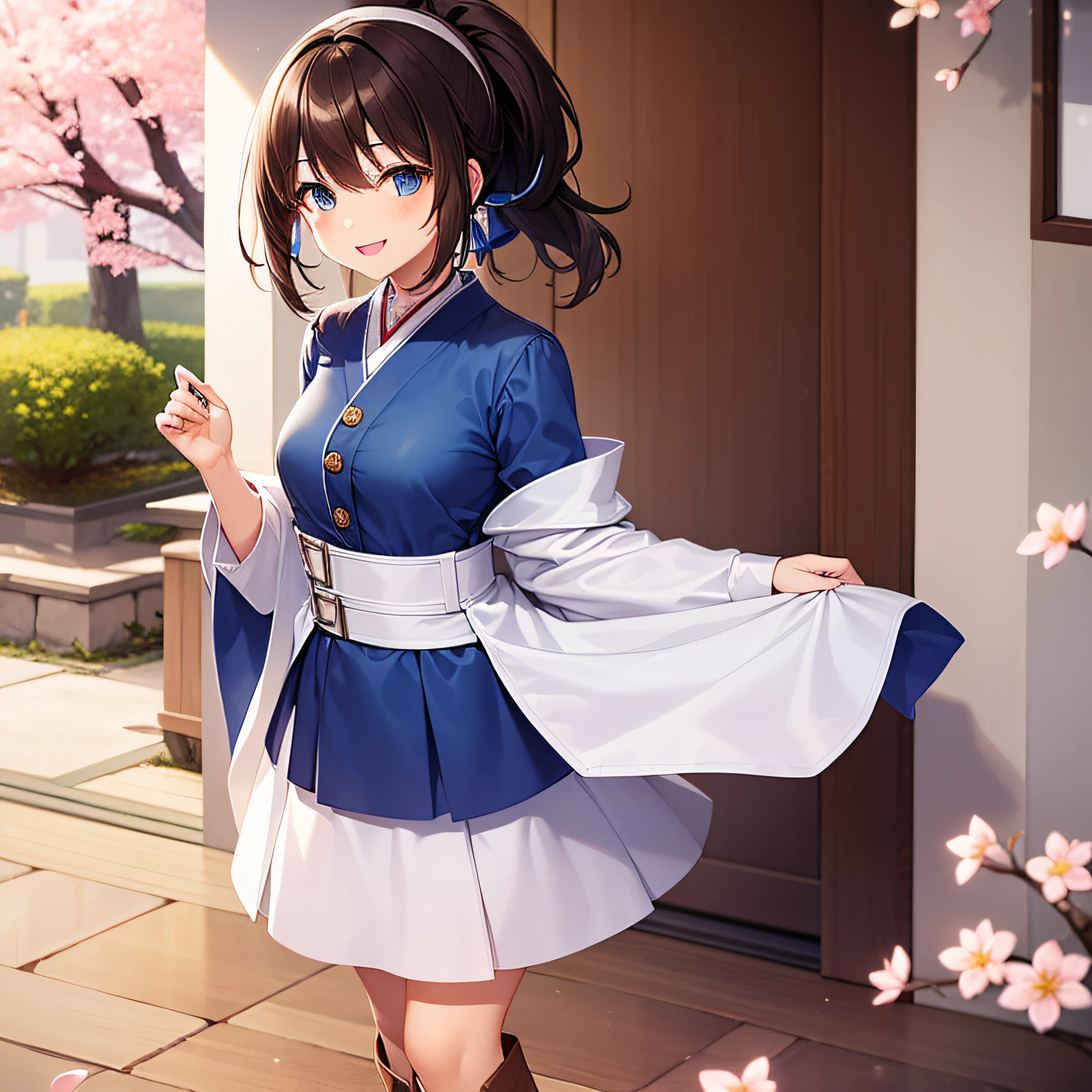 Top quality, very delicate and beautiful, girl, 11 years old, (dark brown hair), blue clothes with vertical buttons, belt at the waist, white skirt, (ponytail)), (white hair band), (brown boots), blue eyes, standing, smiling, background Japan garden and cherry blossoms