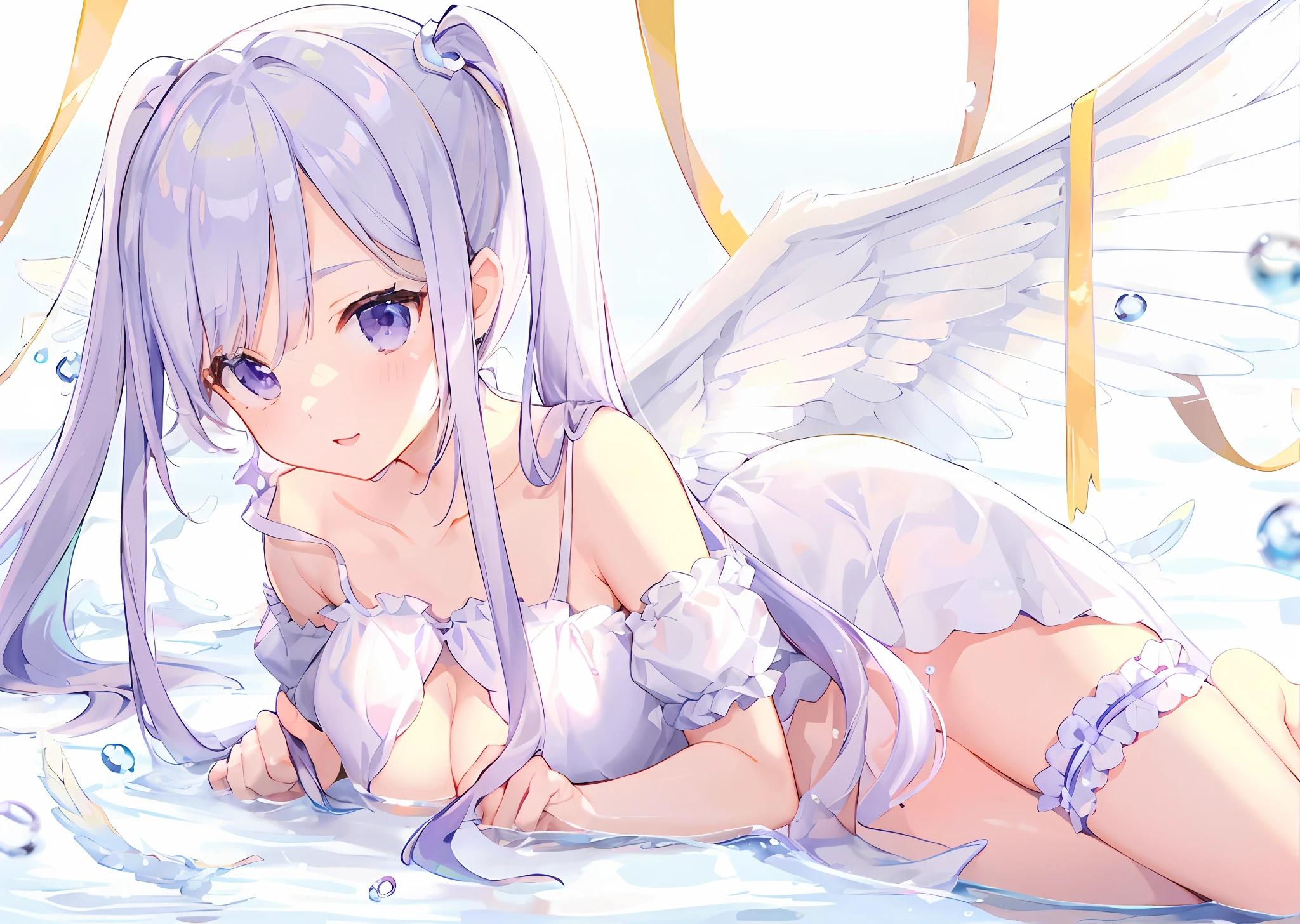 anime girl laying on the ground with wings in the water, rem rezero, splash art anime loli, angel girl, of an beautiful angel girl, ahegao, angelic wings on her back, anime visual of a cute girl, by Shitao, pixiv, anime goddess, low angel, loli, angel knight girl, beautiful angel, angelical