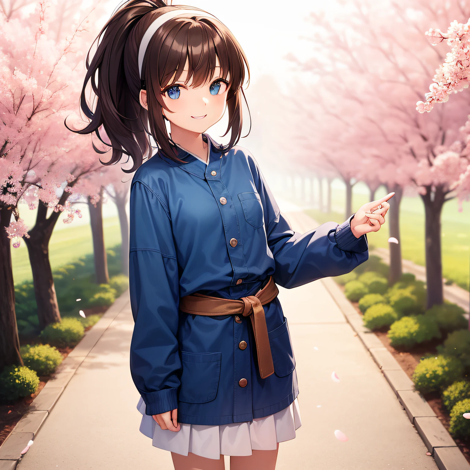 Top quality, very delicate and beautiful, girl, , (dark brown hair), blue clothes with vertical buttons, belt at the waist, white skirt, (ponytail)), (white hair band), (brown boots), blue eyes, standing, smiling, background Japan garden and cherry blossoms