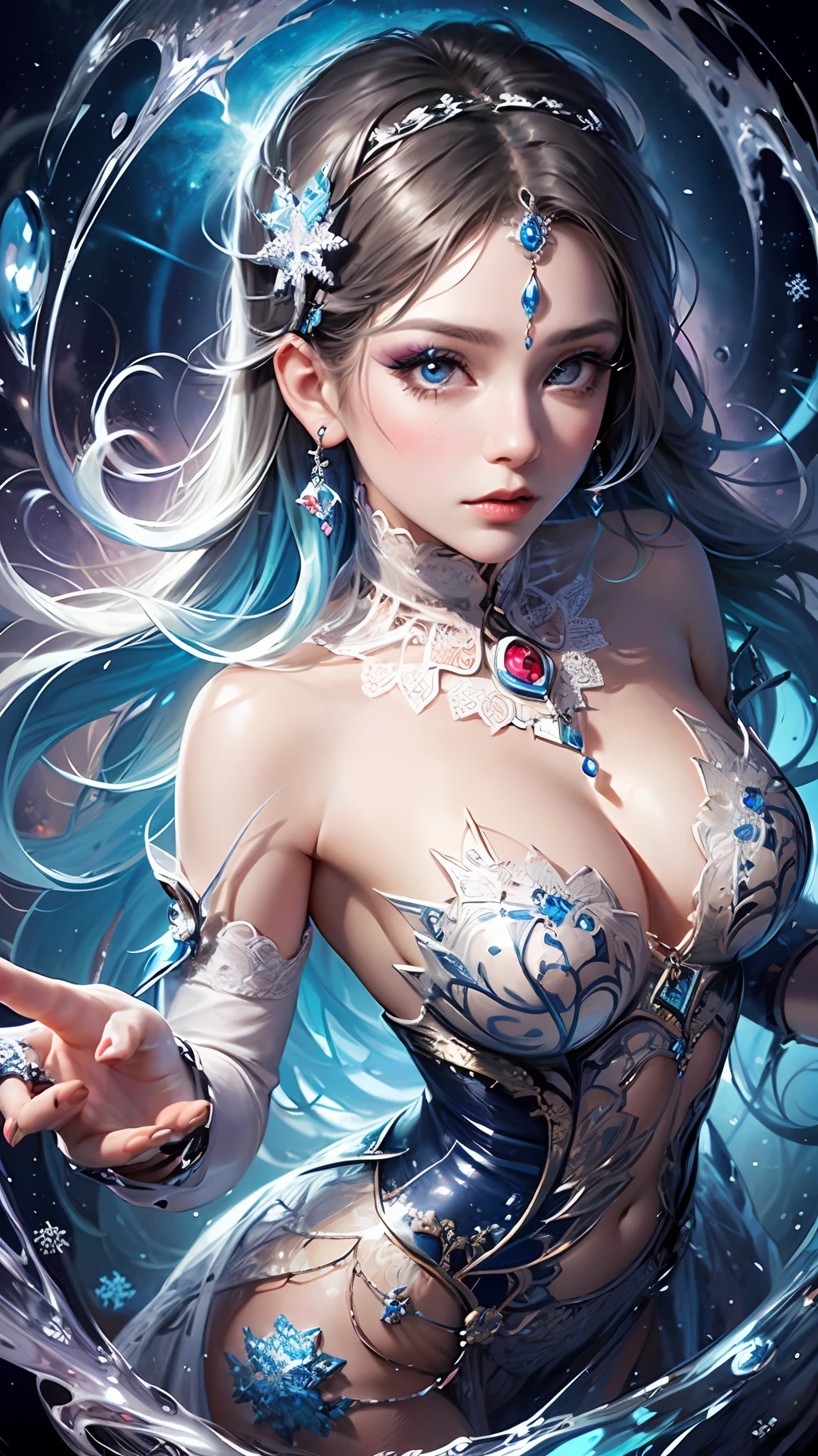 Masterpiece, fantasy art, extremely detailed, (overhead view, fisheye view:1.2), vivid colors, 1 girl, ice goddess, stunning beauty, (big sapphire eyes:1.1), (hair ornament:1.3), (beautiful eyes and face makeup:1.3), open shoulder, cleavage, (lace long dress:1.2), see through fabric, intricate background, (fractal art:2), (snowflakes:1.3)