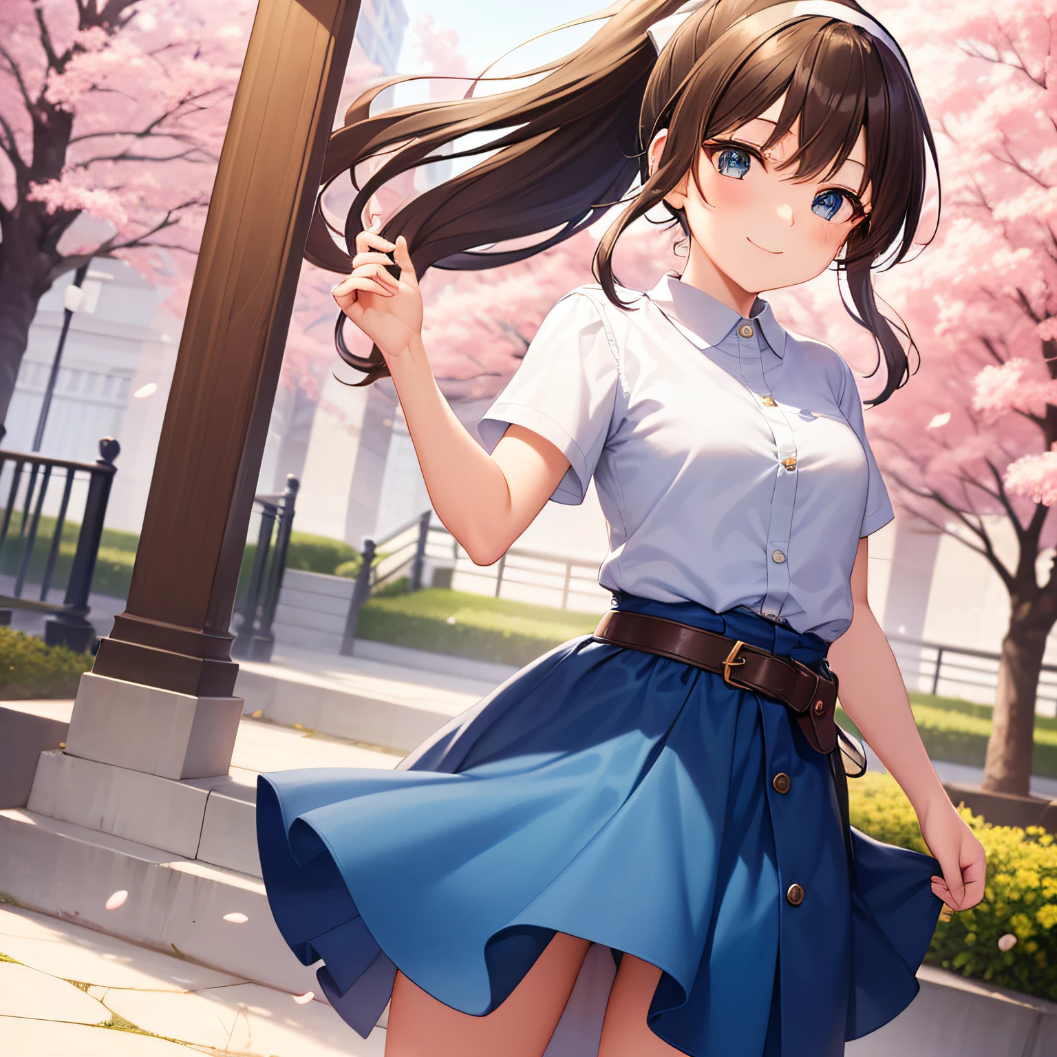 Top quality, very delicate and beautiful, girl, 11 years old, (dark brown hair), blue clothes with vertical buttons, belt at the waist, white skirt, (ponytail)), (white hair band), (brown boots), blue eyes, standing, smiling, background Japan garden and cherry blossoms