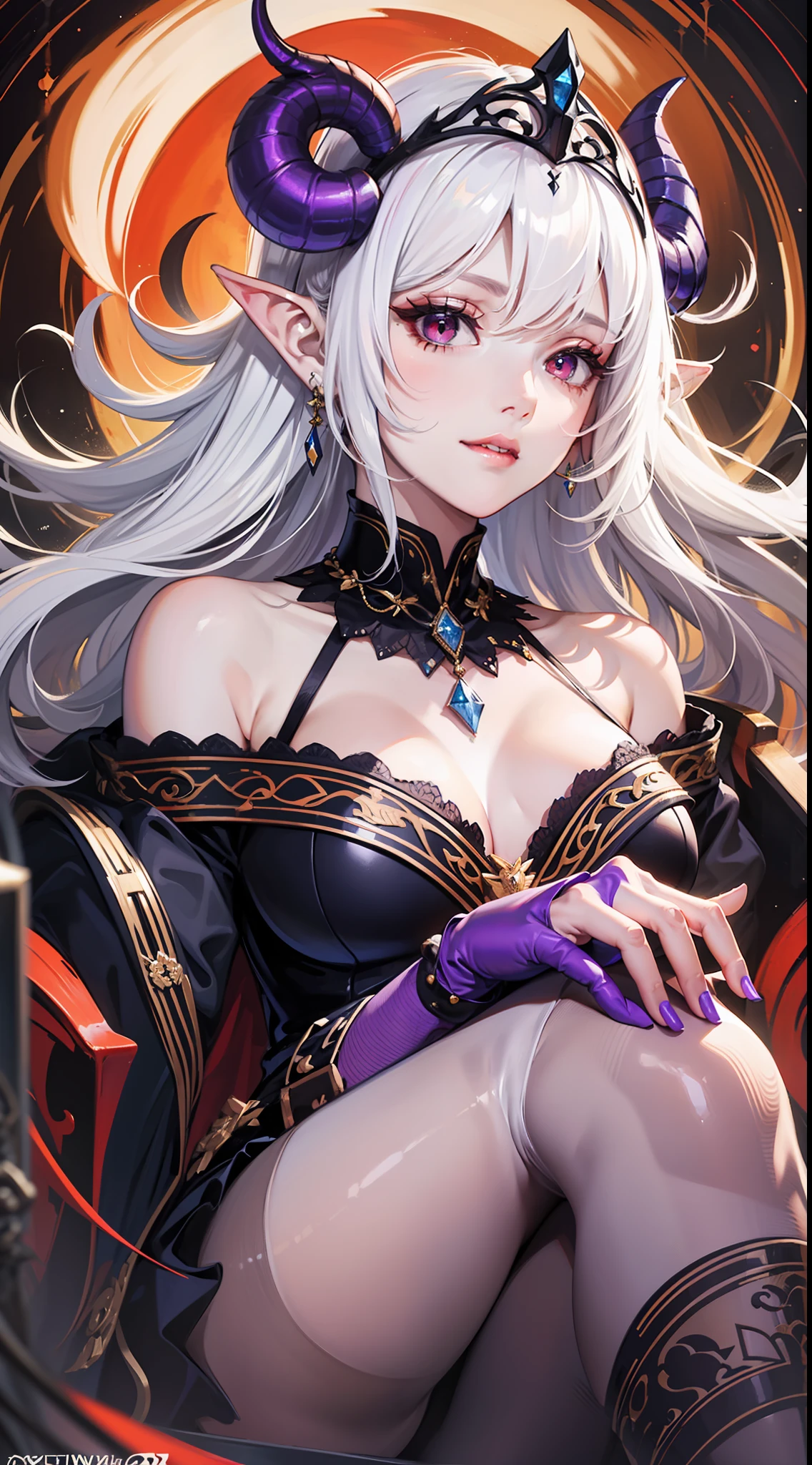 ((best quality)),((masterpiece)),(detailed),ultra high res,Highly detailed,1girl,mature female,cowboy shot,from below,solo,confident,throne,sitting on throne,elaborate crown,sparkling tiara,(white hair:1.2),(demon horns),red eyes,smokey eye makeup,purple lips,evil smile,pointy ears,pale skin,flawless complexion,narrow waist,medium breasts,ornate hairstyle,demon wings,off-shoulder dress,pantyhose,jeweled necklace,(royal cape:1.2),embroidered details,draped over shoulders,intricate patterns,opulent decorations,marble pillars,marble floors,red moon,GothicPunkAI,