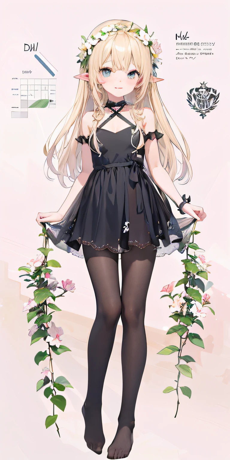a close up of a person in a dress and flowers, anime girl wearing a black dress, cute anime waifu in a nice dress, loli in dress, anime full body illustration, blonde anime girl with long hair, !!full body portrait!!, my dress up darling anime, anime visual of a cute girl, pretty anime character design, beautiful anime girl, beautiful anime style