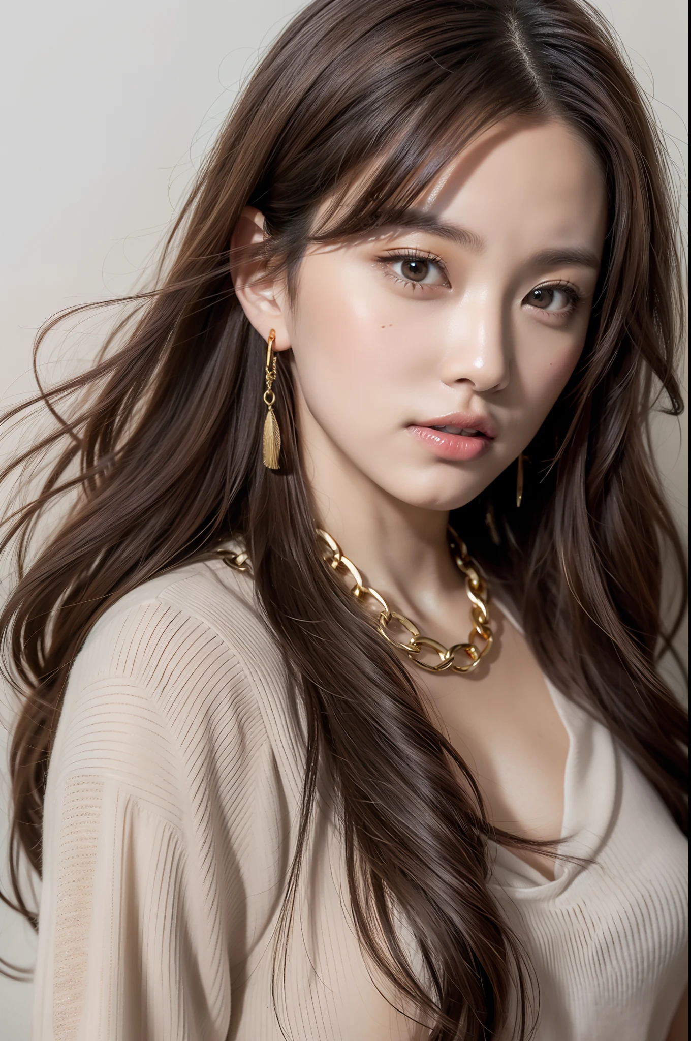 (Masterpiece: 1.3), (8k, Photorealistic, RAW Photo, Best Quality: 1.4), (1girl), Shallow depth of field, Face in focus, Soft focus, Beautiful face, (Backlight: 1.5), (Ambient: 1.3), (Realistic Face), (Black hair, Medium Short: 1.3), Hair with gentle waves, Hair that flutters and spreads in the wind, Back hair is spread by the wind, short bangs, realistic eyes, dark brown pupils, highlights in pupils, beautiful detail eyes, (plenty of natural light), (realistic skin), beautiful skin, blouse, flared skirt, watch, thin gold chain necklace, thin gold chain bracelet, bag, bright plain pale wall surface and sky background, absurd, attractive, ultra high resolution, ultra realistic, High definition, golden ratio, gesture of raking hair with hands, ((standing))