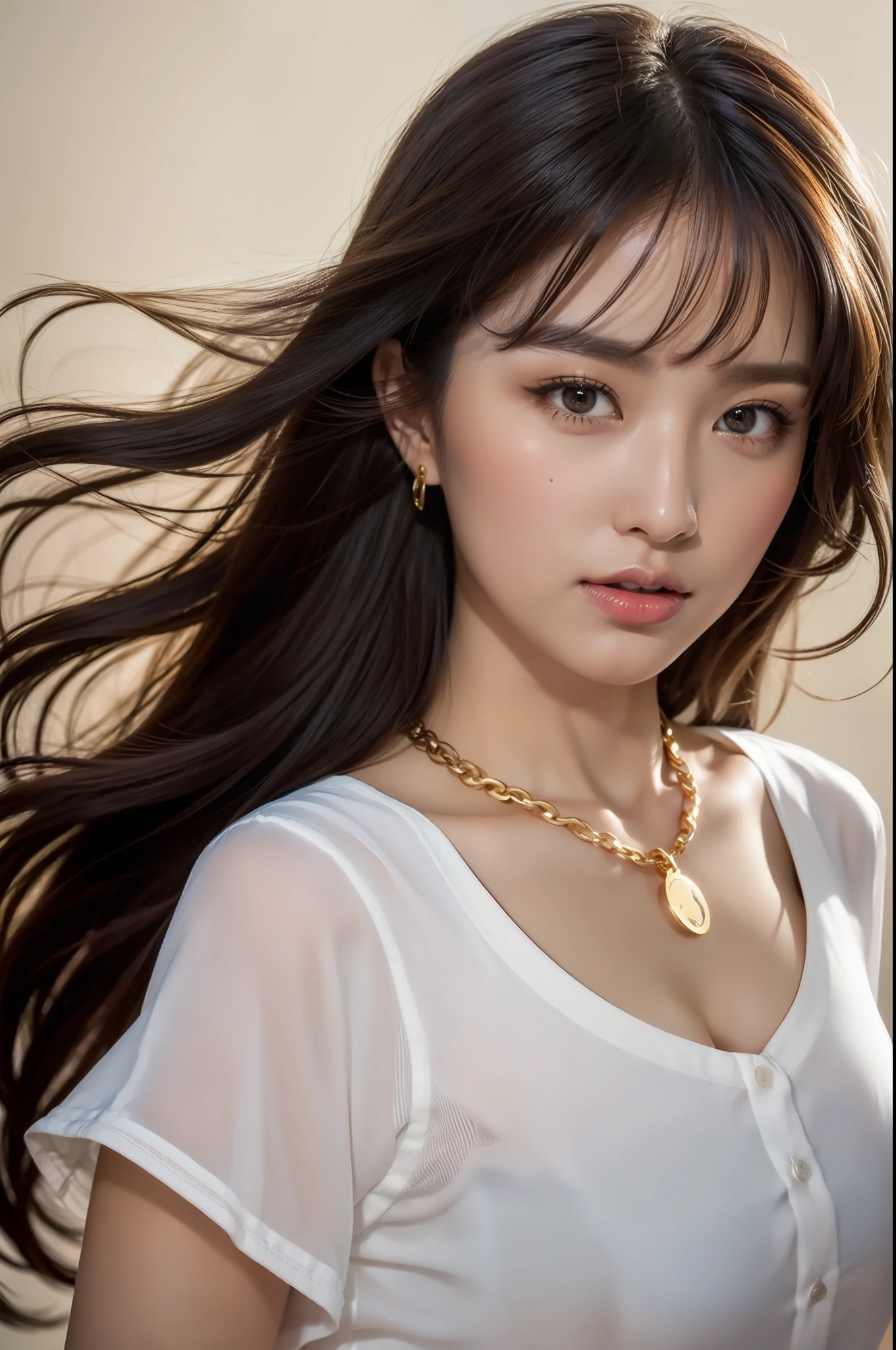 (Masterpiece: 1.3), (8k, Photorealistic, RAW Photo, Best Quality: 1.4), (1girl), Shallow depth of field, Face in focus, Soft focus, Beautiful face, (Backlight: 1.5), (Ambient: 1.3), (Realistic Face), (Black hair, Medium Short: 1.3), Hair with gentle waves, Hair that flutters and spreads in the wind, Back hair is spread by the wind, short bangs, realistic eyes, dark brown pupils, highlights in pupils, beautiful detail eyes, (plenty of natural light), (realistic skin), beautiful skin, blouse, flared skirt, watch, thin gold chain necklace, thin gold chain bracelet, bag, bright plain pale wall surface and sky background, absurd, attractive, ultra high resolution, ultra realistic, High definition, golden ratio, gesture of raking hair with hands, ((standing))