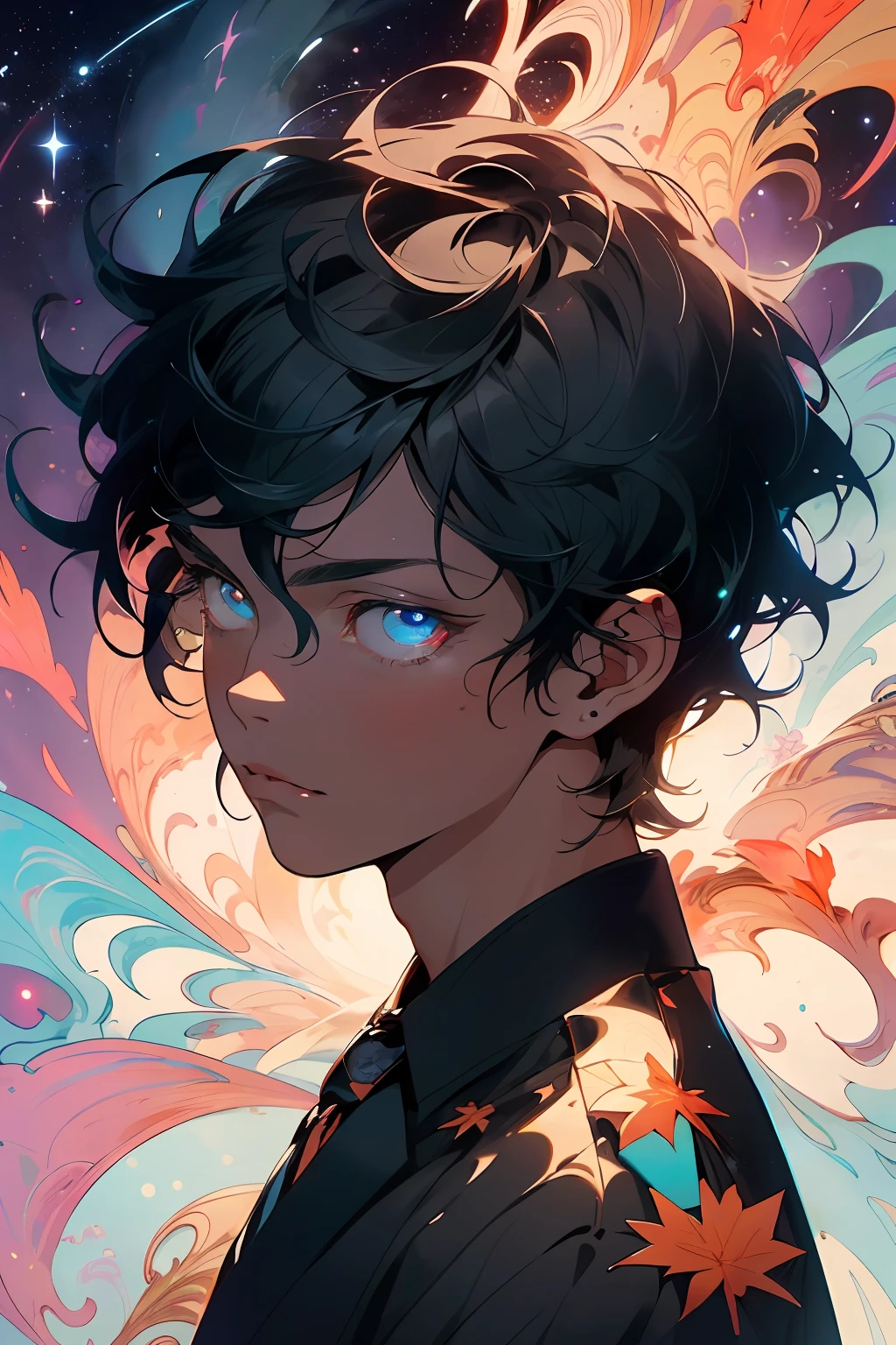 Realistic, (Masterpiece, Top Quality, Best Quality, Official Art, Beauty and Aesthetics: 1.2), Very Detailed, Fractal Art, Colorful, Most Detailed, Zentangle, (Abstract Background: 1.5) (1boy: 1.3), God, Black Hair, Short Hair, (Glowing Blue Eyes), Mysterious, Starry Sky, Handsome Man, (((Maple Leaf))))