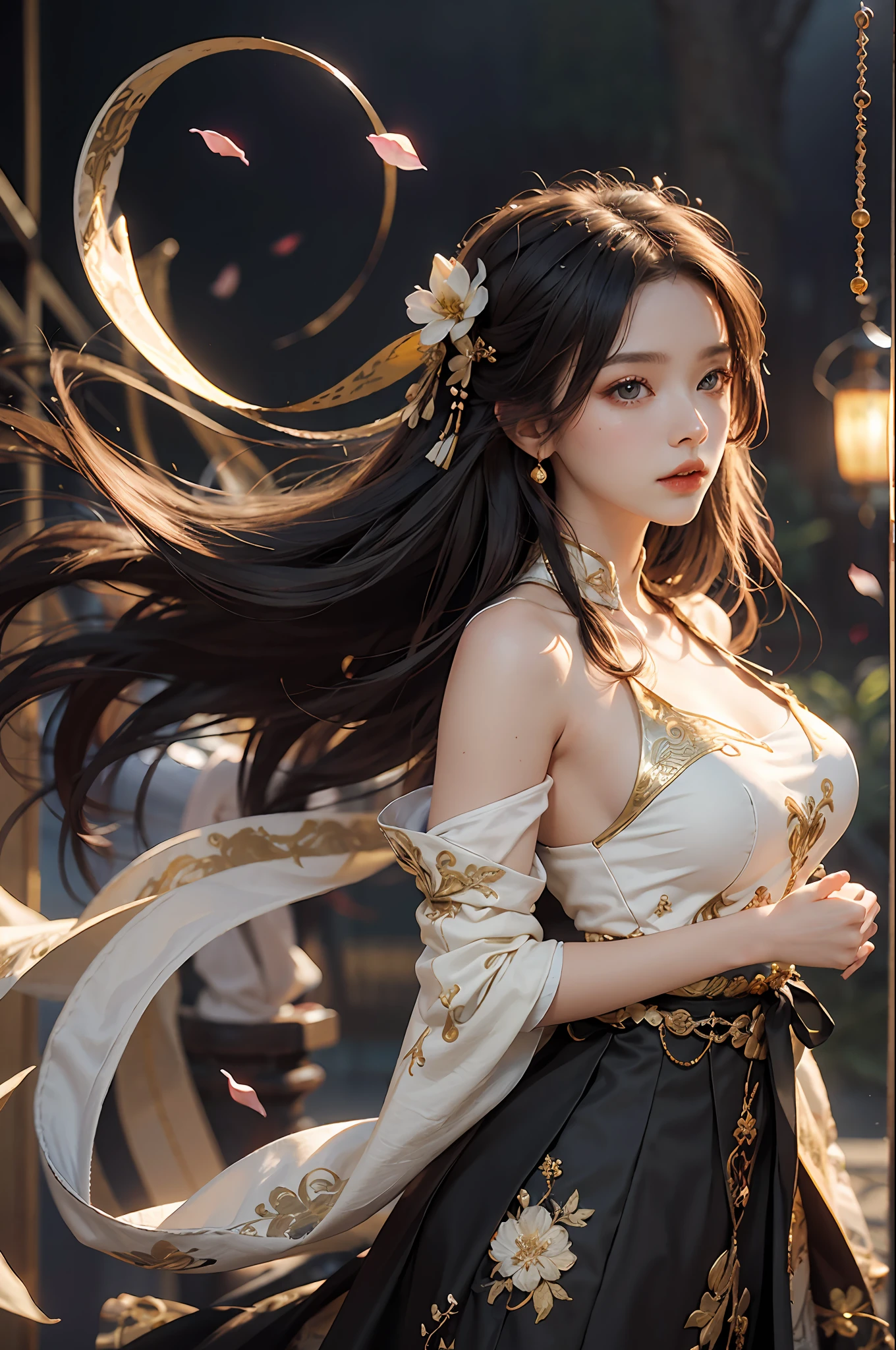 Superb Quality, Masterpiece, High Resolution, (Exquisite Body: 1.5), Beauty, Bare Shoulders, Extra Large Breasts (2.5) Wide Buttocks, Thin Waist, Stunning Beauty, (Milky Skin: 1.3), Exquisite Details, High Resolution, Wallpaper, 1 Woman, Solo, Dress, Hair Accessories, (((Golden Black Dress)) ), Flower, Long Hair, Brown Hair, Shut Up, Accessories, Long Sleeves, Raised Hands, Wide Sleeves, Big Eyes, Flowing Hair, Hanfu, Hanfu, Embroidery, Long Dress, Natural Pose, Falling Petals, Indoor, Fanning, Lantern, 16K, HDR, High resolution, depth of field, (film grain: 1.1), Bocon, prime time, (lens flare), vignetting, rainbow, (color grading: 1.5)