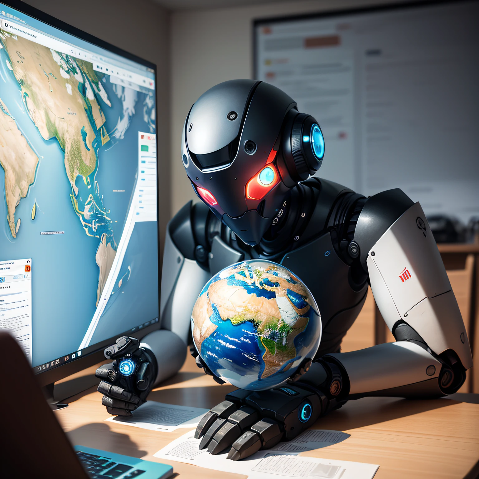 In a spacious and bright learning environment, a robot intently learns geography. It has a sophisticated and modern body structure, flexible limbs and versatile sensory devices. The appearance design of the robot is simple and streamlined, reflecting the advanced and intelligent characteristics of science and technology. The robot's eyes shone with wisdom, and maps, globes, and teaching materials lay out in front of it. It processes and stores information with electronic brain chips, continuously absorbing and analyzing geographic knowledge through artificial intelligence technology. The robot's fingers deftly manipulate the touchscreen or keypad to quickly browse and search for geographic information on the electronic screen. It accesses up-to-date geographic data and maps through web and database connections to increase its learning and understanding. The learning process of robots is full of exploration and practice. It can enter the geographical environment through virtual reality technology, as if it is in the midst of landmarks and landscapes around the world. Robots can also simulate natural disasters on Earth, learning how to explain and respond to geographic changes and crises. In the process of learning, the robot does not just passively receive information, it analyzes and collates the learned geographical knowledge in real time through deep learning and artificial intelligence algorithms. Robots can extract key information, build models, and perform data analysis to enhance their expertise in the field of geography. The robot is not only a learner, but also an interactive partner and teacher. It can engage in conversations with humans, answer questions, share knowledge, and provide personalized learning content and feedback based on individual needs. This scene depicts the process of a robot learning geography, showing the application of technology in education. Through the efforts and learning of robots, geographical knowledge can be conveyed to humans in a more intuitive and intelligent way, and provide more possibilities for us to explore the mysteries of the earth. --auto