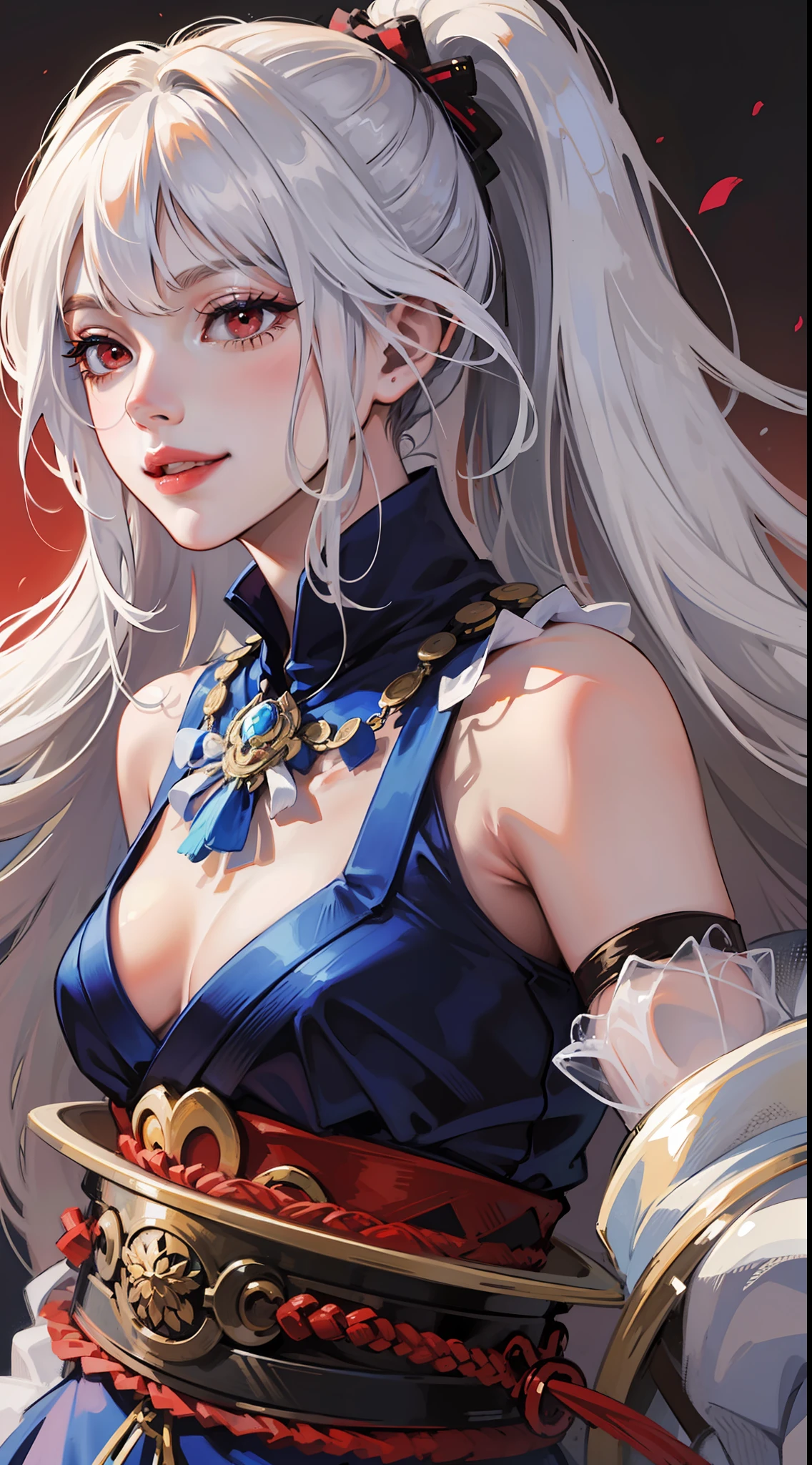 Young guy, long white hair, high ponytail, red eyes, blue sleeveless samurai kimono, smile, masterpiece, high quality