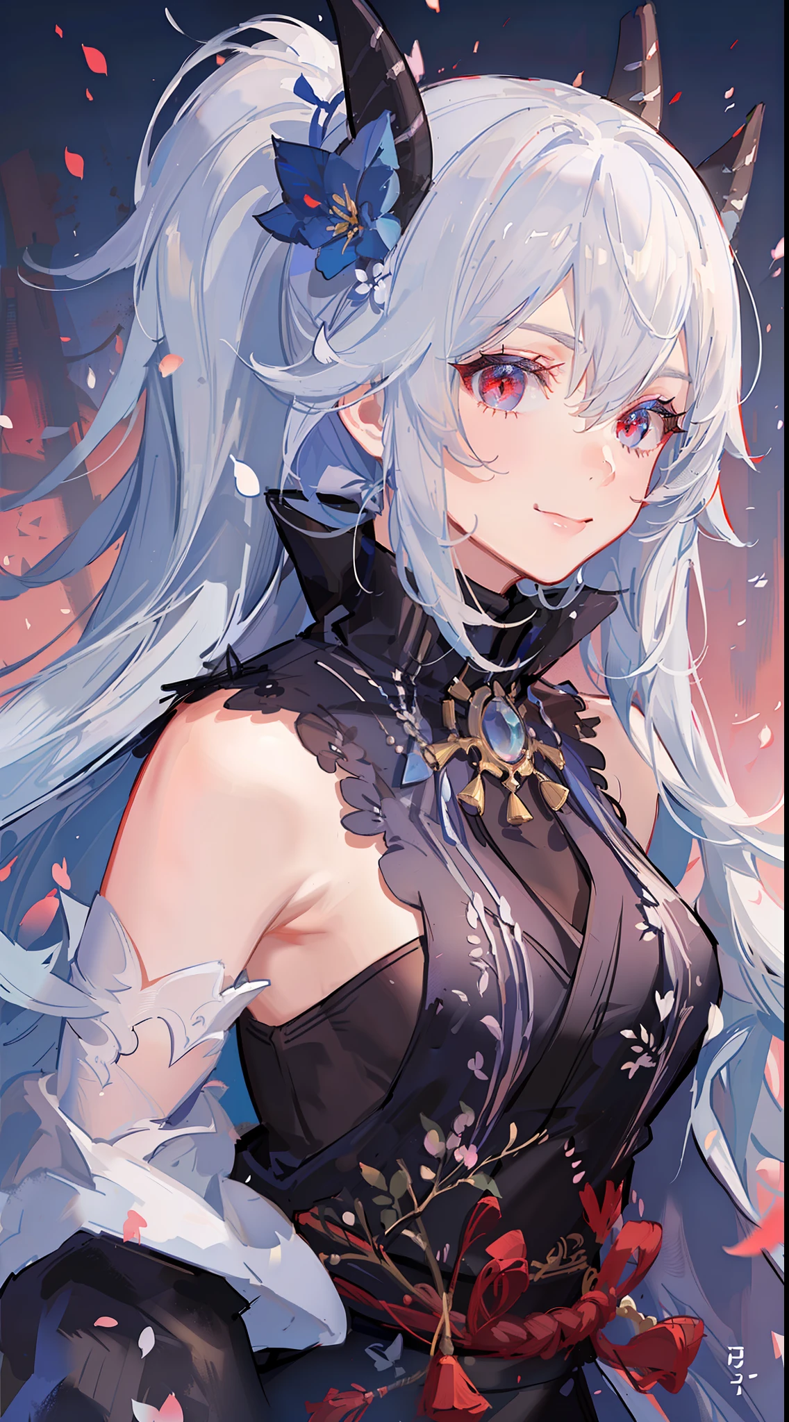 Young guy, long white hair, high ponytail, red eyes, blue sleeveless samurai kimono, smile, masterpiece, high quality