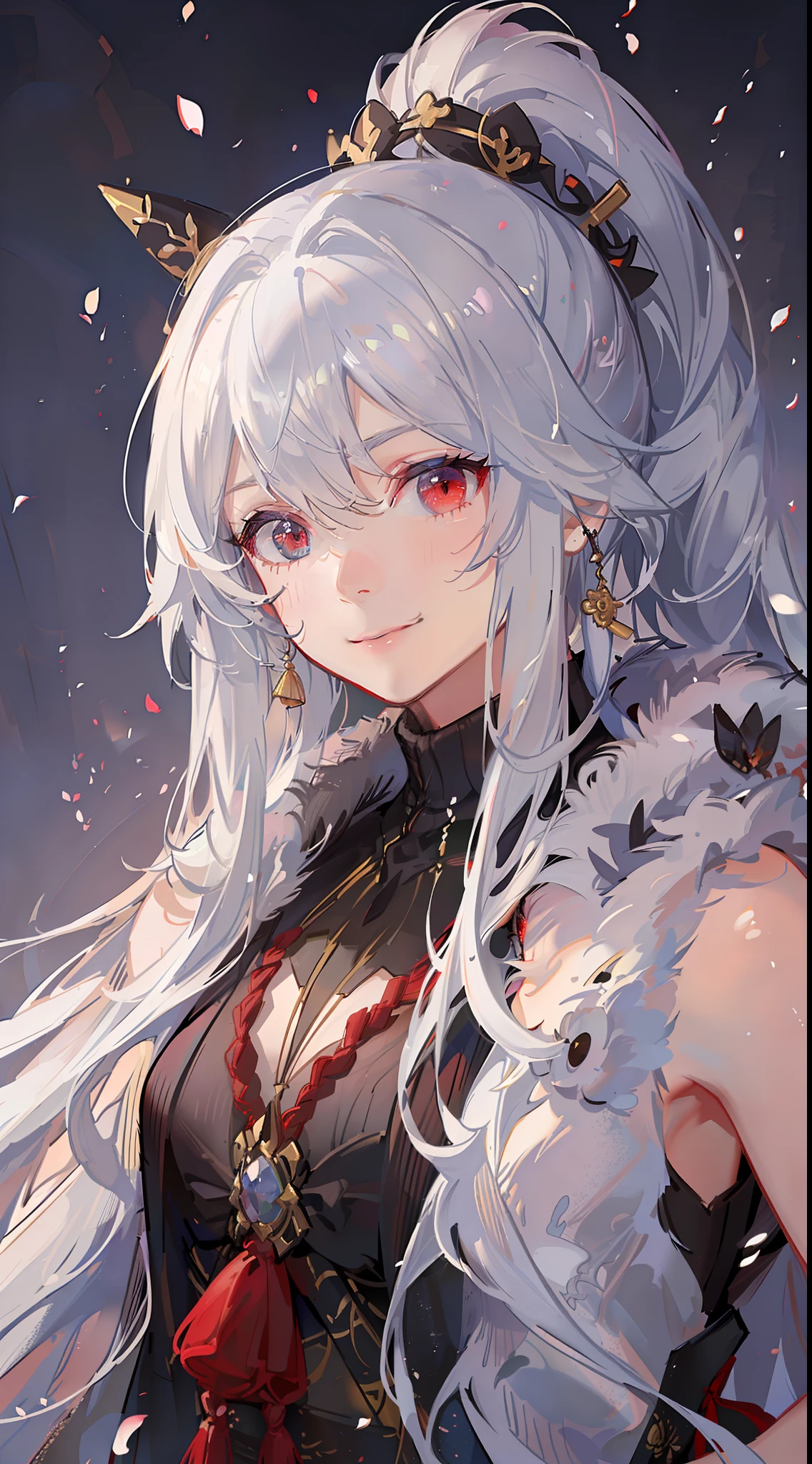 Young guy, long white hair, high ponytail, red eyes, blue sleeveless samurai kimono, smile, masterpiece, high quality