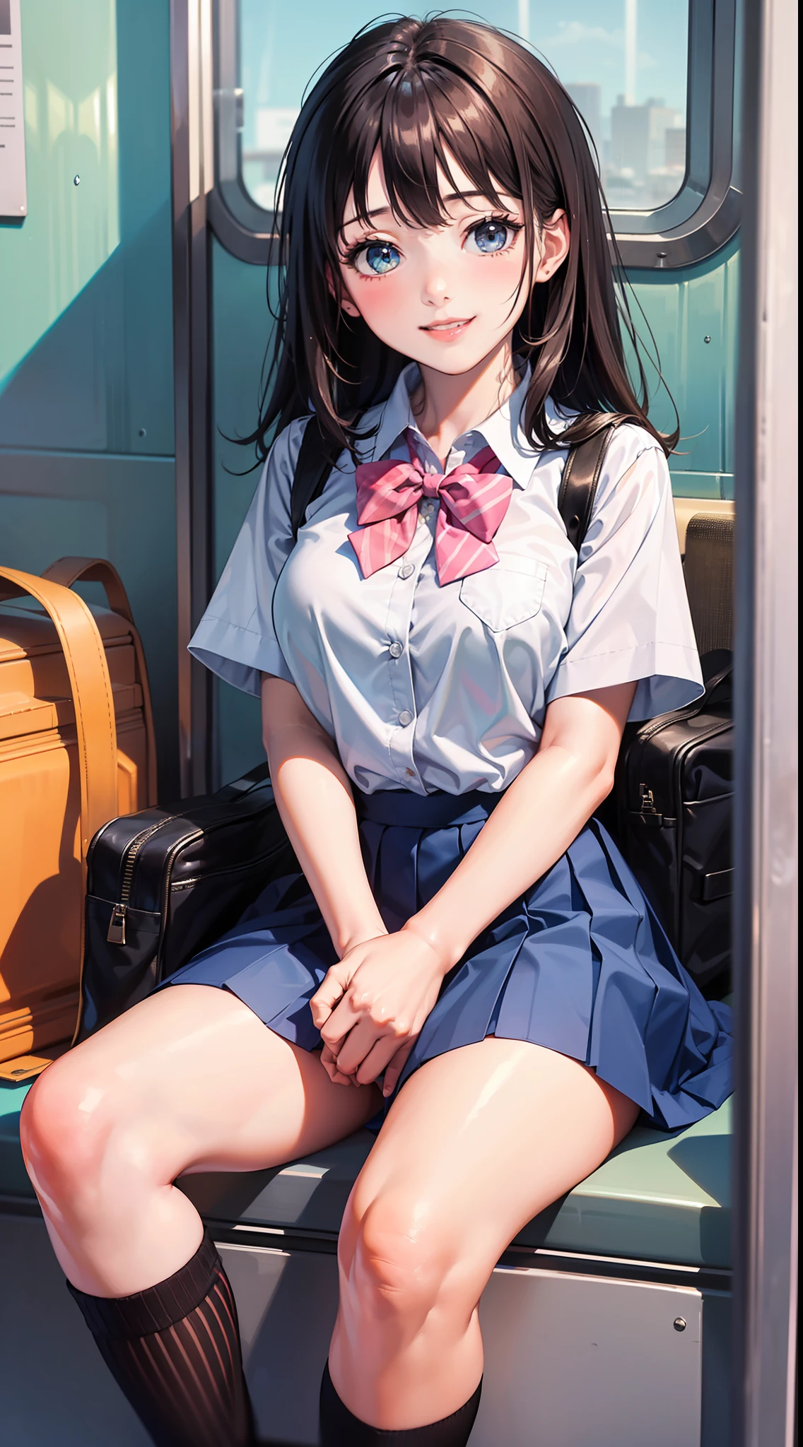 (masterpiece, best quality, high resolution:1.3), High detail RAW color, light on skin,  (anime painting:1.1),(high light:1.8),(blue tone),
 day time:1.9,
in door, day time:1.9, after the rain, Inside the train, InTrain, solo, 1girl  sitting,
1girl, [wet], large head:1.6, sitting, shiny skin, shiny hair,  looking_at_viewer:1.9, [grin] smile,  embarrassed,
three fingers:1.6, bowtie, kneehighs,  pink:1.9 panties, pantyshot,  
pink bra:1.4, white band school_bag, school_uniform, large size shirt, pleats skirt,  ,