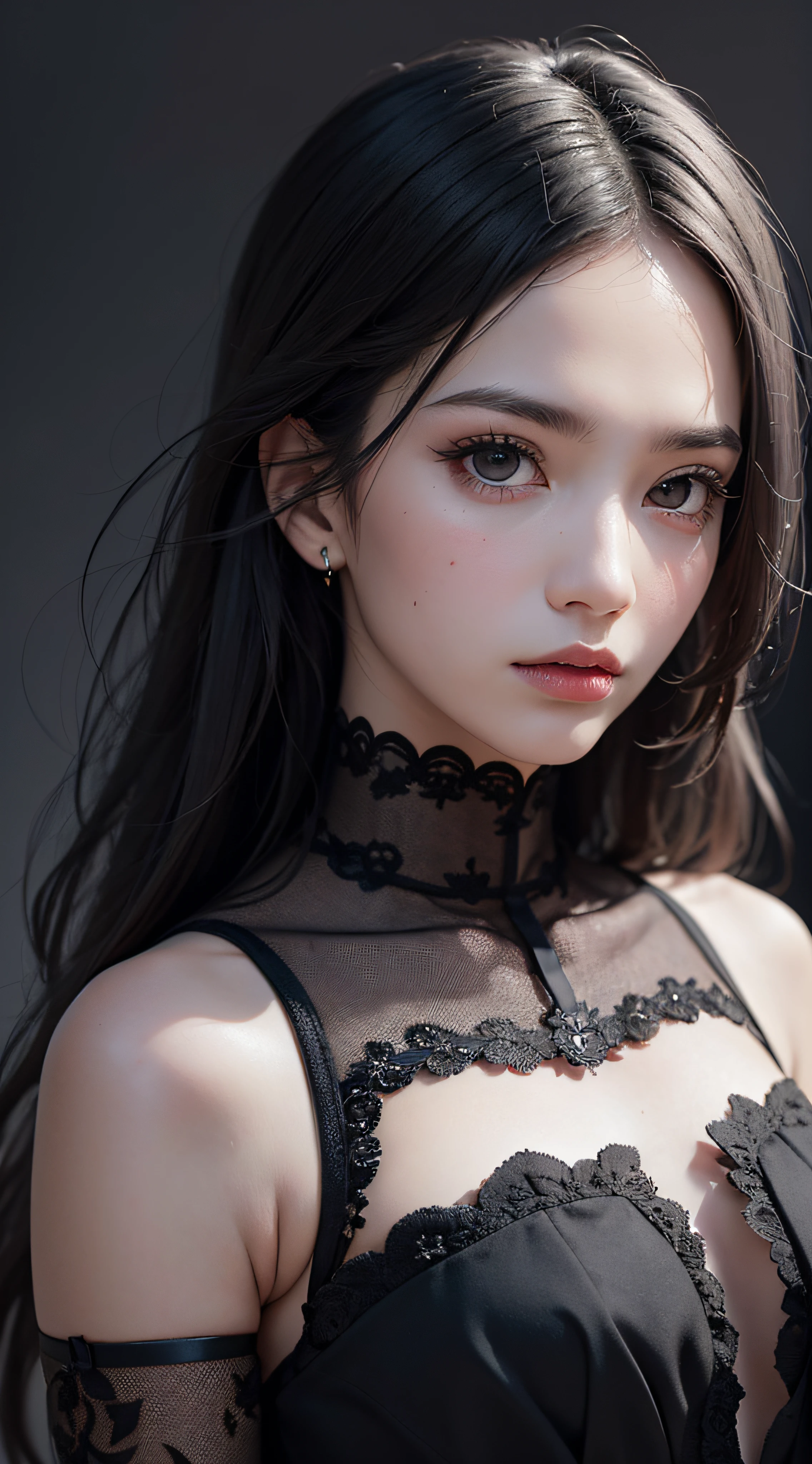 masterpiece, best quality, 35mm, 8k, absurdres, beautiful girl, (upper body, dark grey background:1.4), (black classical dress, black hair:1.6), slender, dark studio, rim lighting, ultra realistic, highres, photography, film grain, chromatic aberration, depth of field, sharp focus, HDR, facelight, dynamic lighting, cinematic lighting, professional shadow, dark shadow, highest detailed, extreme detailed, ultra detailed, finely detail, real skin, delicate facial features, detailed face and eyes, sharp pupils, realistic pupils, Trang Tien