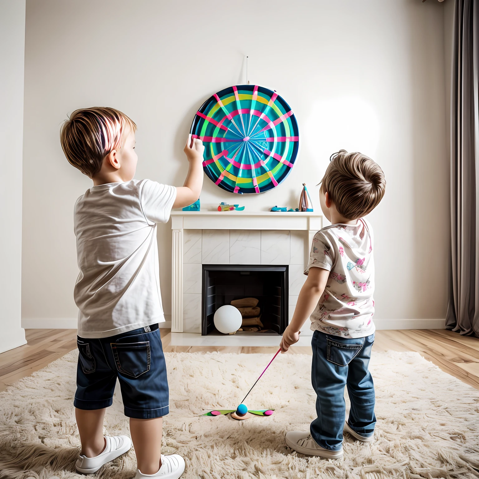a boy, a girle, Throw darts in the room with your back to the camera, White interior background wall, Intermediate target, Small children on both sides, soft light, wideangle, blonde hair, cinematic lighting, Wide-Angle, Sony FE, f/16, 35mm, highres, high details, 16k