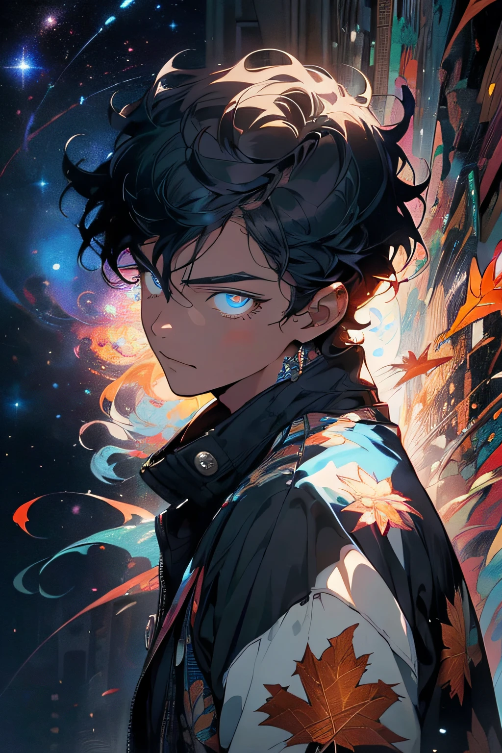 Realistic, (Masterpiece, Top Quality, Best Quality, Official Art, Beauty and Aesthetics: 1.2), Very Detailed, Fractal Art, Colorful, Most Detailed, Zentangle, (Abstract Background: 1.5) (1boy: 1.3), God, Black Hair, Short Hair, (Glowing Blue Eyes), Mysterious, Starry Sky, Handsome Man, (((Maple Leaf))))