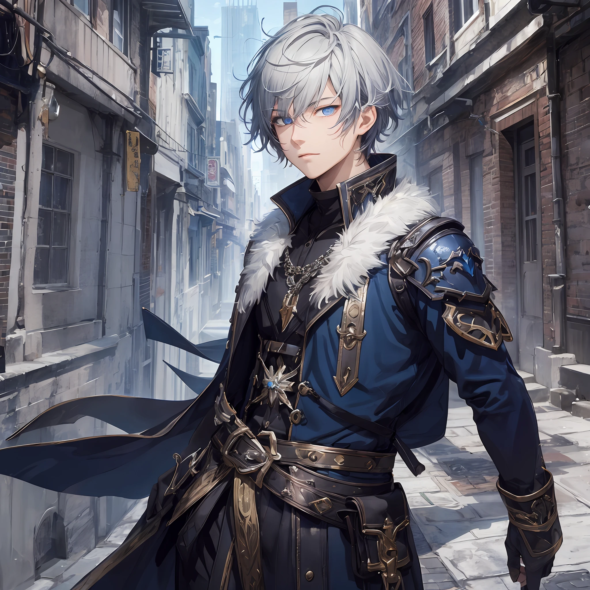 masterpiece, best quality, 1boy, ager, malefocus, solo, gray hair, short hair, vibrant blue eyes, looking at viewer, High quality metal texture, closed mouth, bangs, high collar,(kbxll:0.6), Fantasy aesthetics, Highly detailed, shadowverse style, full body, black attire