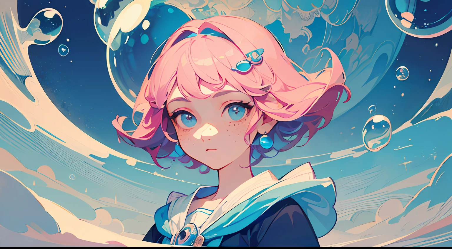 ((Masterpiece)), ((Ultra Detailed)), ((Best Quality)), Beautiful Detailed Eyes, Detailed Face, Best Lighting, Best Shadows, 1 Girl, Solo, ((Classic Disney Style, Edge Lighting, Flat 2D Style, Disney 2D)), ((The main colors are pink and blue)), Huge Bubbles, (Girl Inside Bubbles:1.5), Bubble Island, Bubble Land, World Made of Bubbles, Freckles, Cold Nose, (((Bubbles)), Marbles, European and American cartoon inspiration, (highly detailed), vortex effect,