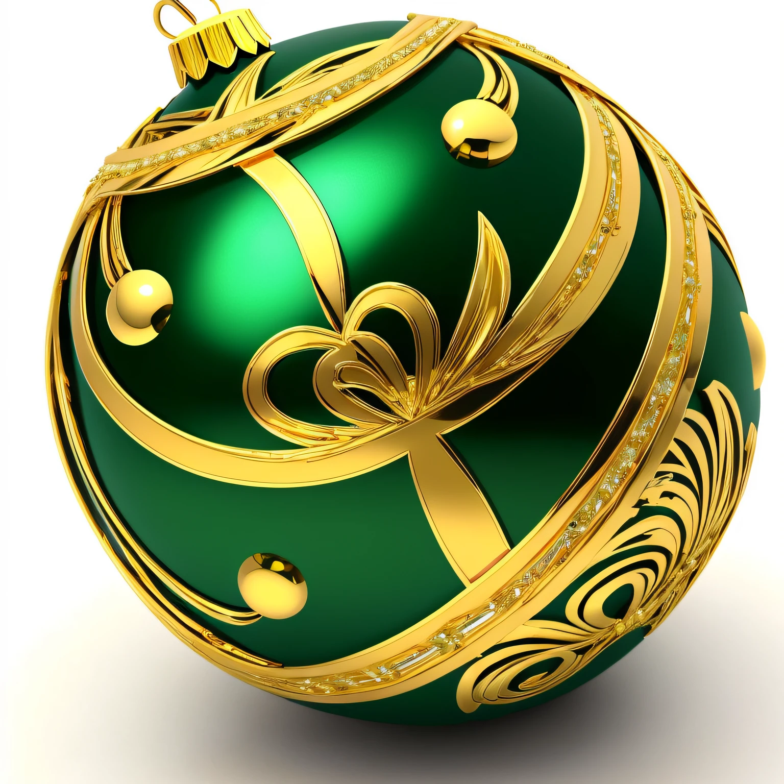 Beautiful Christmas green ball with gold art deco ornament, fine gold lines, many details, Christmas ball whole in the middle on white background, skillful workmanship, handmade, jewelry craftsmanship, gold leaf, fine workmanship, many details 3D, 8K --auto