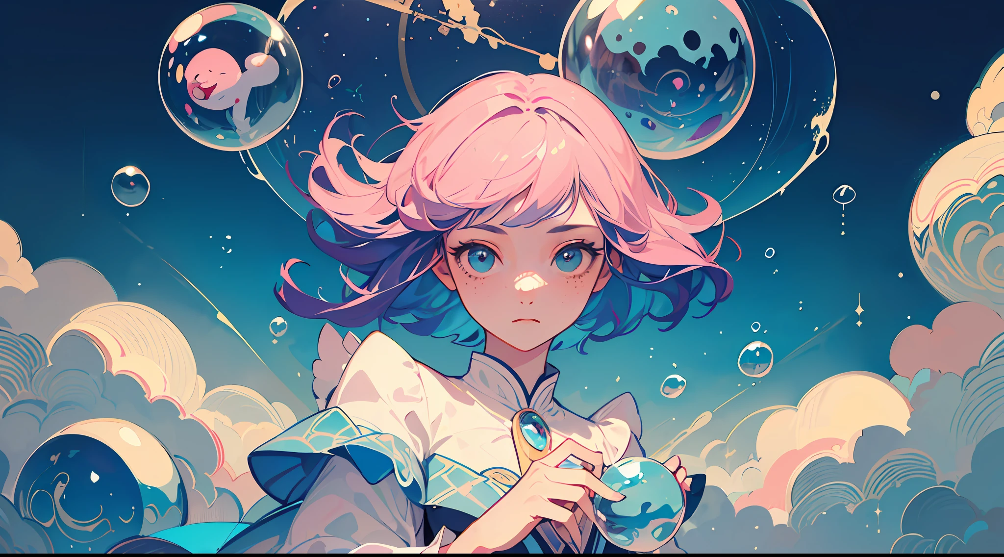 ((Masterpiece)), ((Ultra Detailed)), ((Best Quality)), Beautiful Detailed Eyes, Detailed Face, Best Lighting, Best Shadows, 1 Girl, Solo, ((Classic Disney Style, Edge Lighting, Flat 2D Style, Disney 2D)), ((The main colors are pink and blue)), Huge Bubbles, (Girl Inside Bubbles:1.5), Bubble Island, Bubble Land, World Made of Bubbles, Freckles, Cold Nose, (((Bubbles)), Marbles, European and American cartoon inspiration, (highly detailed), vortex effect,