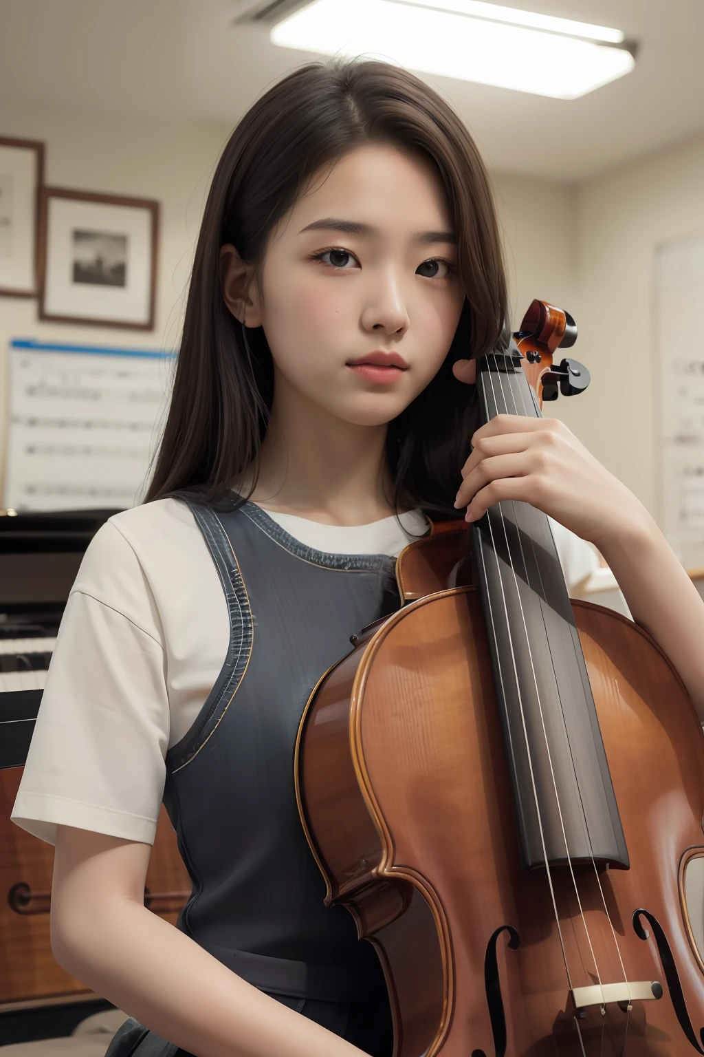 (Best quality: 1.4), (Masterpiece: 1.4), (High resolution: 1.2), (Very detailed: 1.2), Human proportions,
1 girl, an Asian female middle school student, playing cello in music classroom, bust, soft lighting, masterpiece, best quality, 8k uhd, DSLR camera, film grain, Fujifilm XT3 realistic painting art