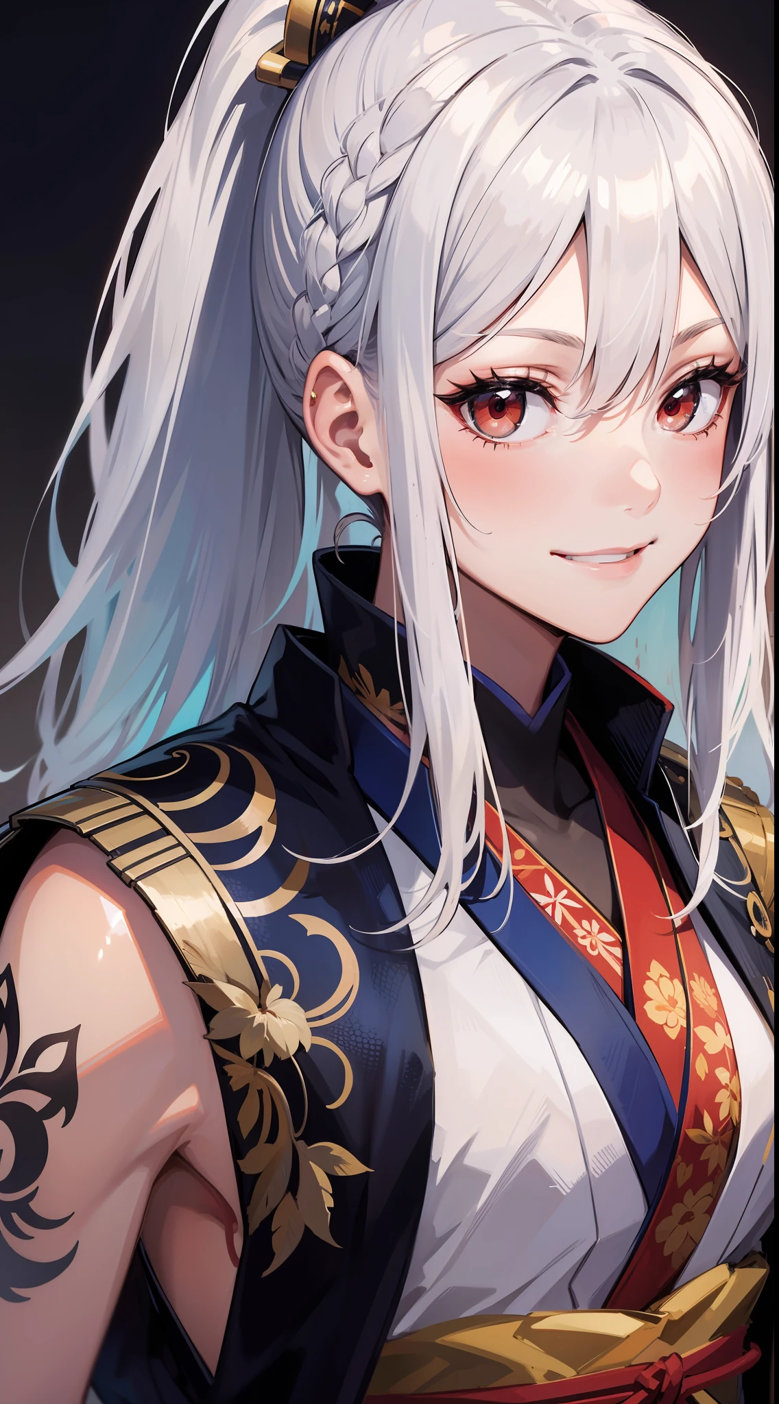 Young guy, long white hair, high ponytail, red eyes, blue sleeveless samurai kimono, smile, masterpiece, high quality