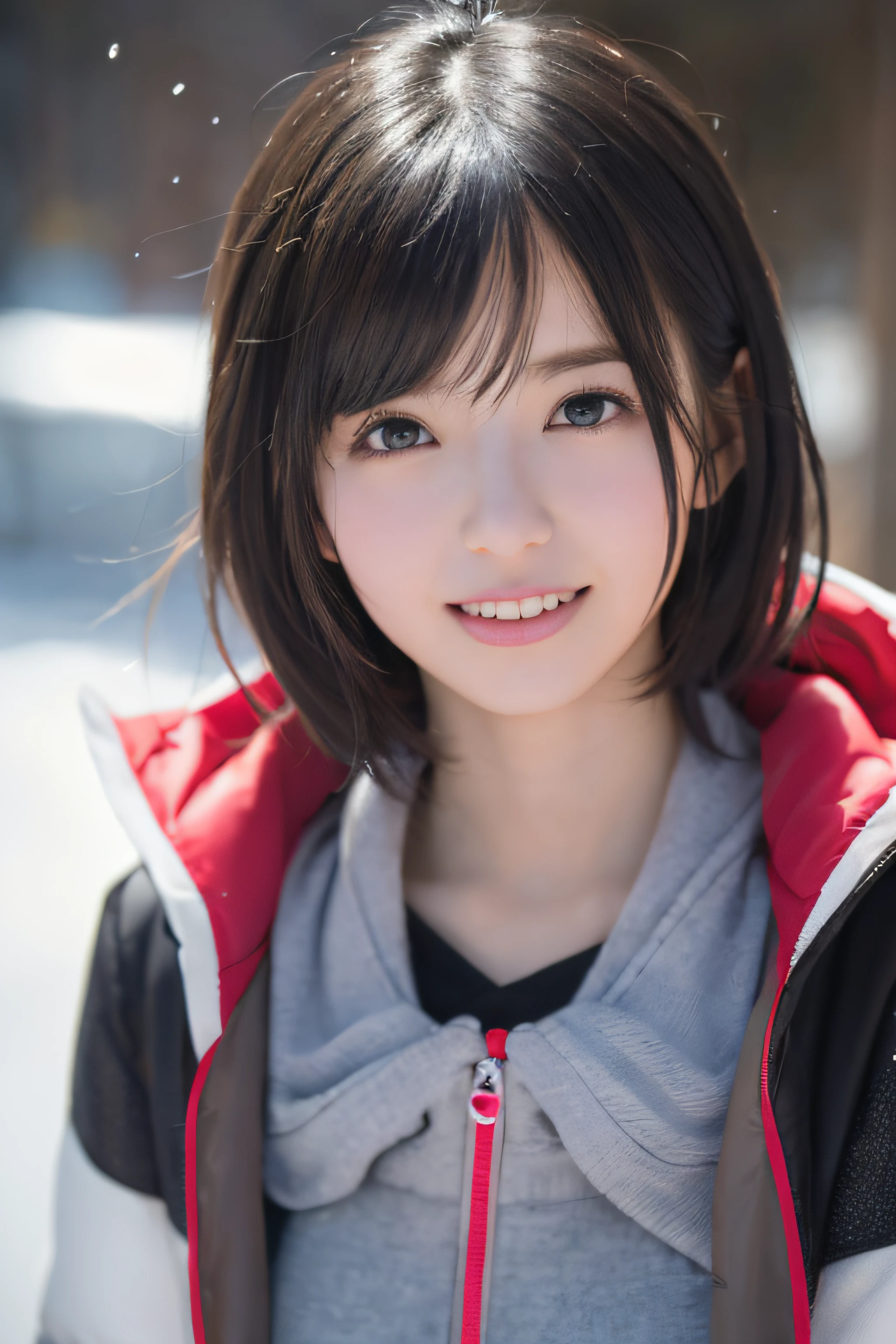 Random Pose, mix4, (8K, RAW photo, best quality, masterpiece: 1.45), (realistic, photorealistic: 1.37), one girl, cute, ski slopes, snow cover, professional lighting, photon mapping, radiosity, physically based rendering, gradient black hair, gray hair, short hair, handsome, girl, full body, skiwear, top quality photos, High Resolution, 1080p, (Clear Face), (Detailed Face Description), (Detailed Hand Description), (Masterpiece), (Exquisite CG), Extreme Light and Shadow, Tousled Hair, Masterpiece, Rich Details, (Fine Facial Features), (Best Quality Photo), (Masterpiece), (Fine Eyes), Look In Front of You, Fine Clavicle, ((Medium))),Big Smile