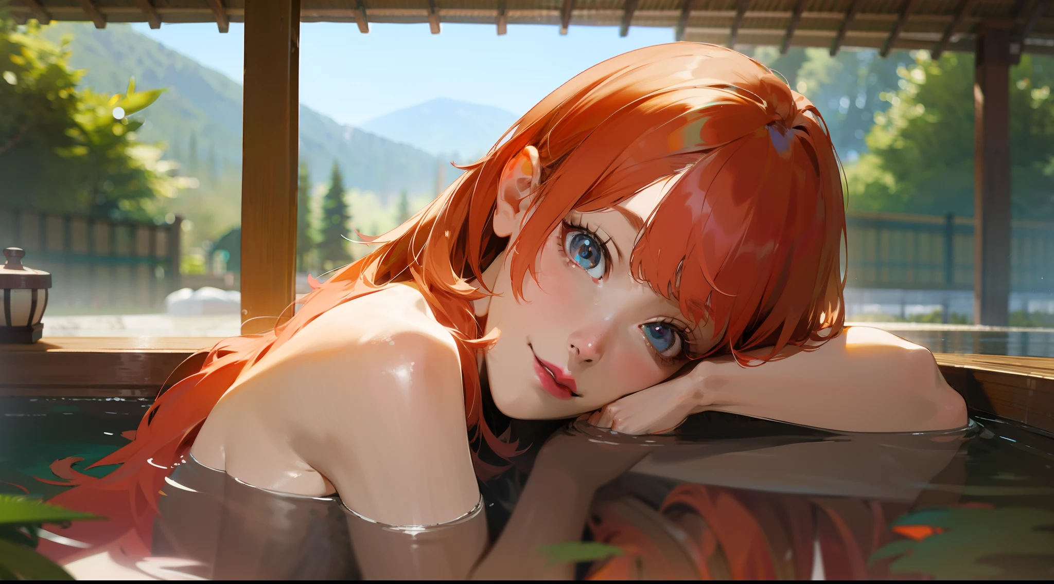 (8k, 4k, best quality, highres:1.2), (maasterpiece, realistic, photo realistic:1.37), a woman, solo, beautiful face, eyelashes, nose, glossy lips, (detailed eyes, looking at viewer, fair skin, white skin:1.2), fine complexion, upper body, large breasts,, 
outdoor onsen, 
two side up, absurdly long hair, wildly pastel yellow hair, bangs, 40yo