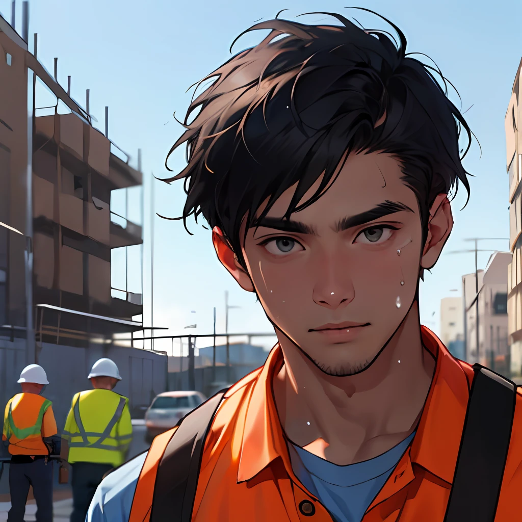 ( A 25-year-old young man in a blue shirt and short black hair working in front of a large construction site: 1.5 ) ( Young man and a group of labor workers in the background: 1.9) ( Young men, single: 1.8 ) ( Face close-up: 1.8 ) (Front display: 1.6) ( Sweaty expression on face, looking at the camera: 1.8 ) ( Masterpiece, Masterpiece: 1.5 )