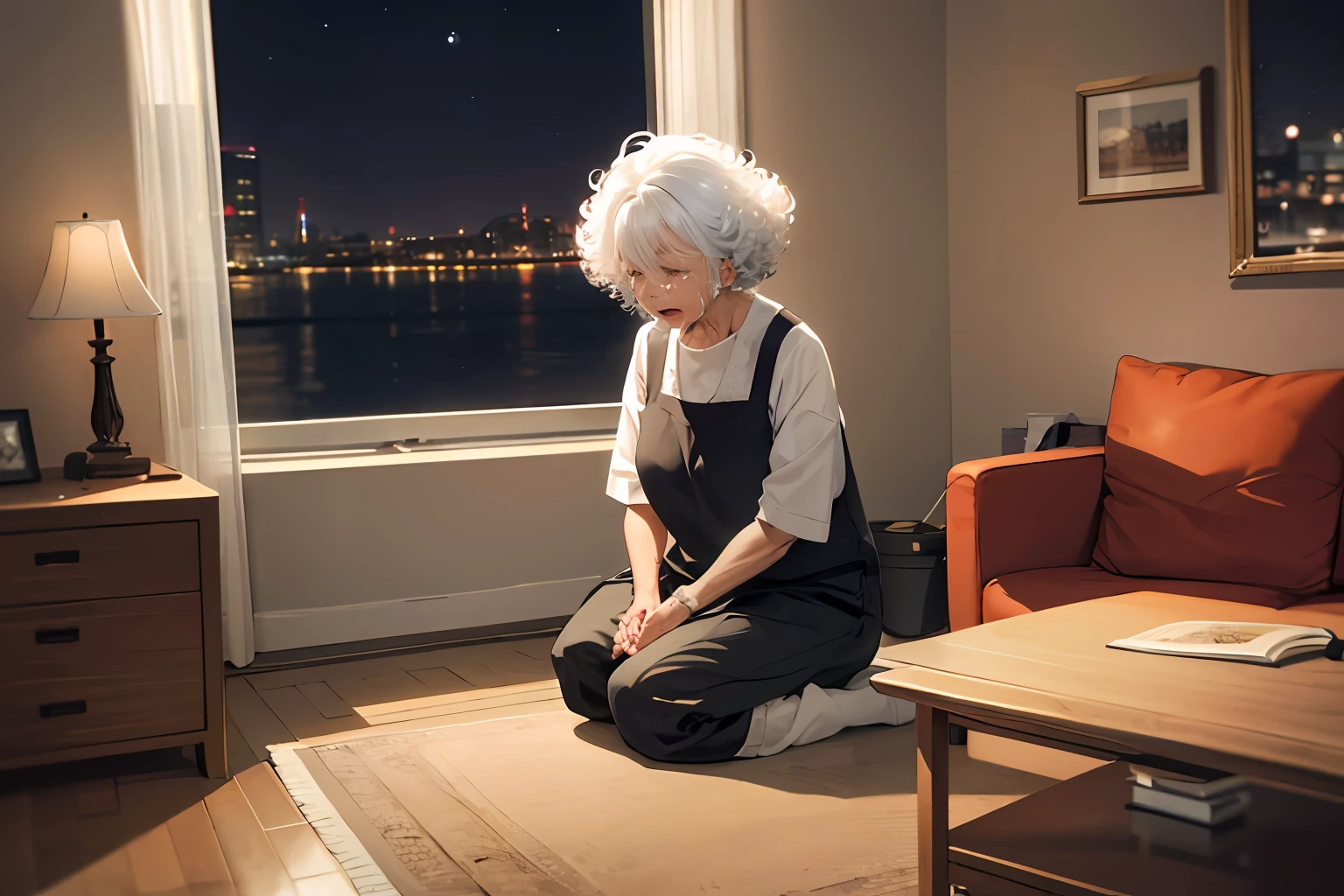 In the living room of the home, at night, an 80-year-old woman, with short hair, curly hair, white hair, sat on the ground, crying