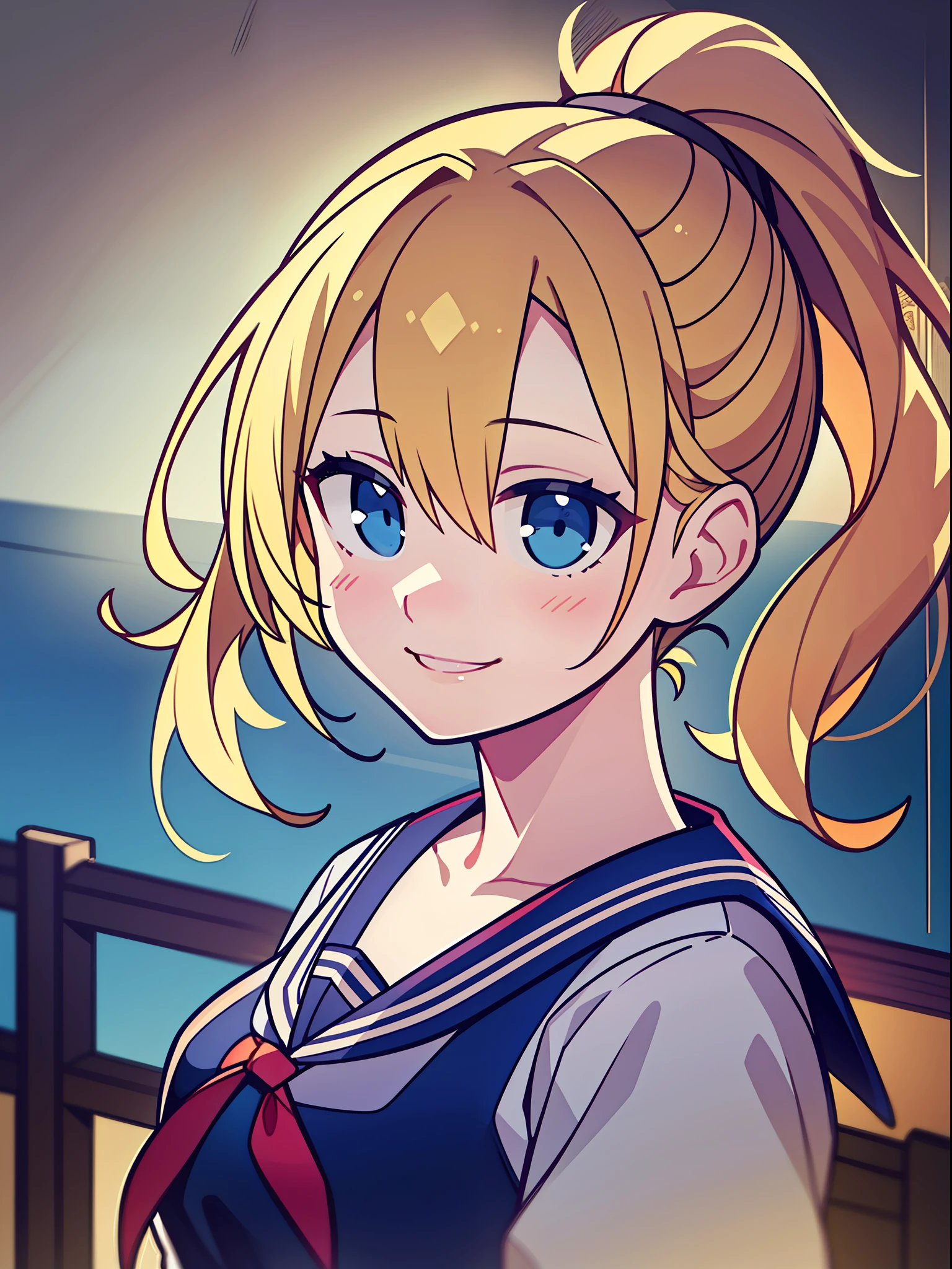 Two-dimensional, a girl, absolutely beautiful facial features, masterpiece-level painting, the most beautiful shadow, the best light, works with a sense of atmosphere, exquisite facial features, wind-blown hair, navy blue eyes, yellow hair with bangs, high ponytail, single ponytail, cute image in sailor suit, full of youthful vitality, strong rendering effect, the most detailed details presented, bright smile, exquisite painting style, vivid and vibrant, best shadow performance, best light effect, the best quality picture presentation, cinematic lighting effect, 8K ultra-high-definition picture quality, a masterpiece of art, full of atmosphere and dynamics.
