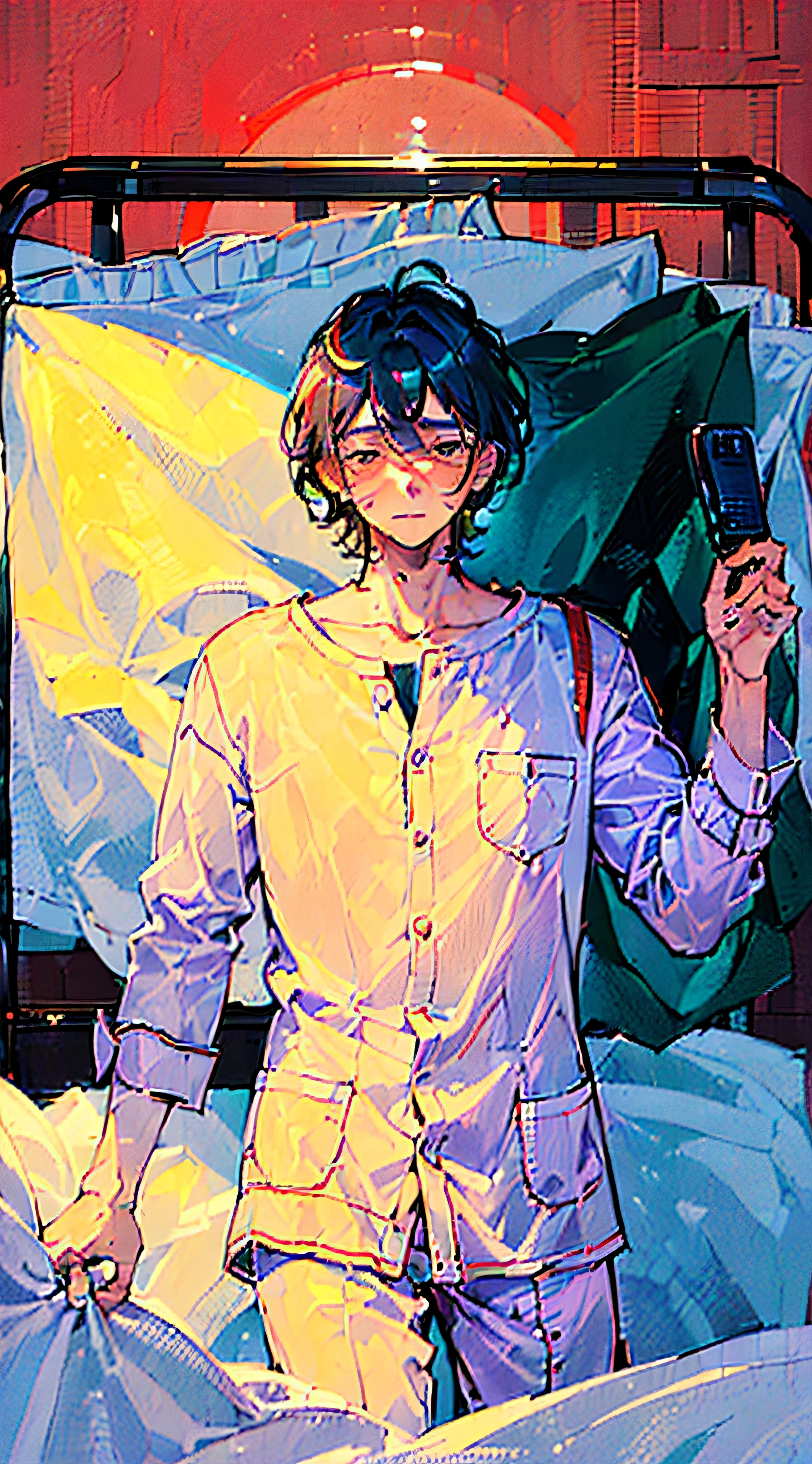 ((A man gets out of bed :2)), sleepy-eyed, messy hair, quilt covering the lower body, pillow with cell phone, young anime man, anime moe art style, anime cover, Hajime Yatatate
