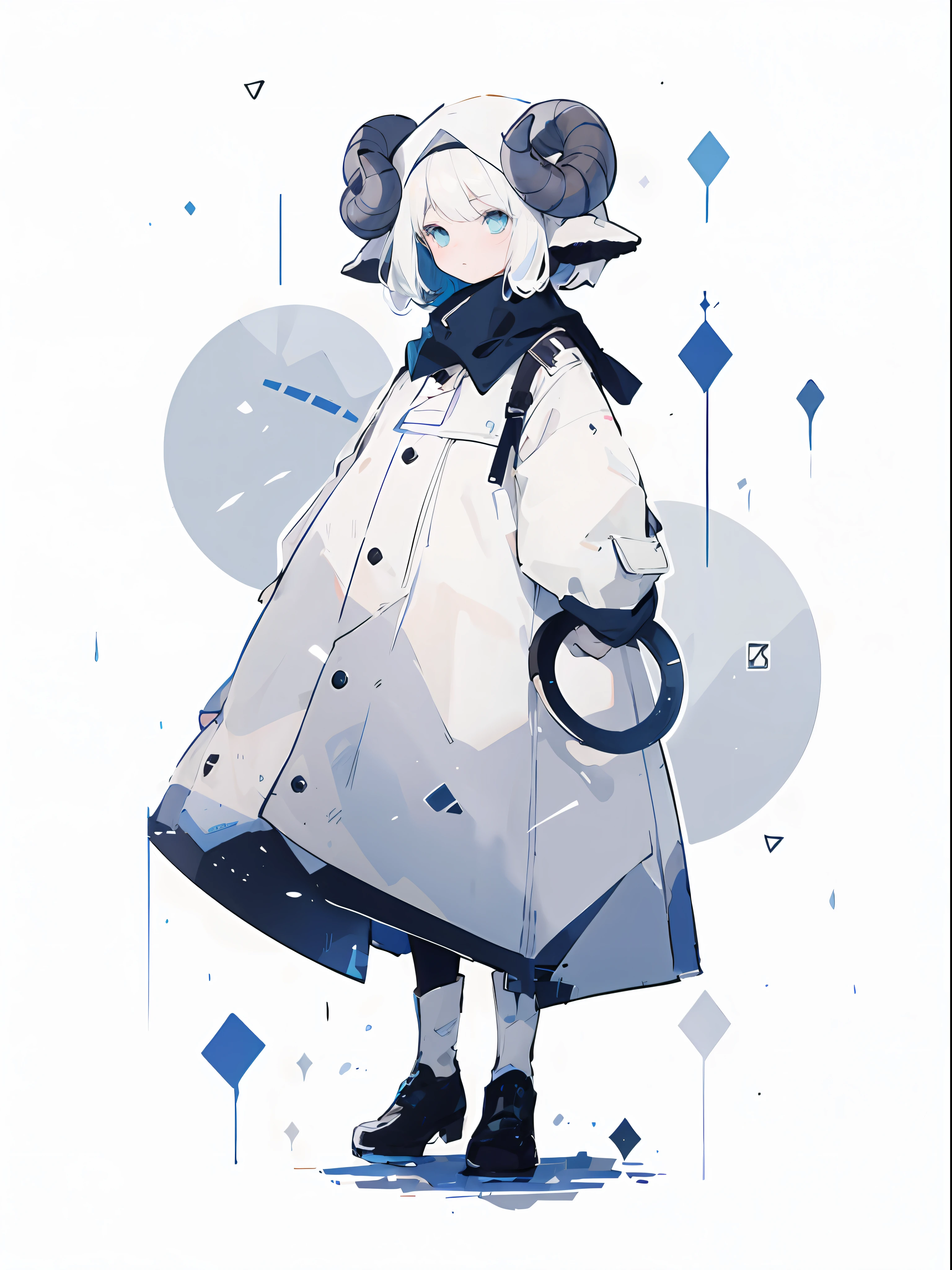 Anime characters wearing white coat and black boots, white background, anime style illustration, girl design with lush horns, cute art style, 2D anime style, the bottom color of clothes is deep ocean blue, popular on ArtStation pixiv, 2D illustration, funny character design, anime full body illustration, master work, exquisite details