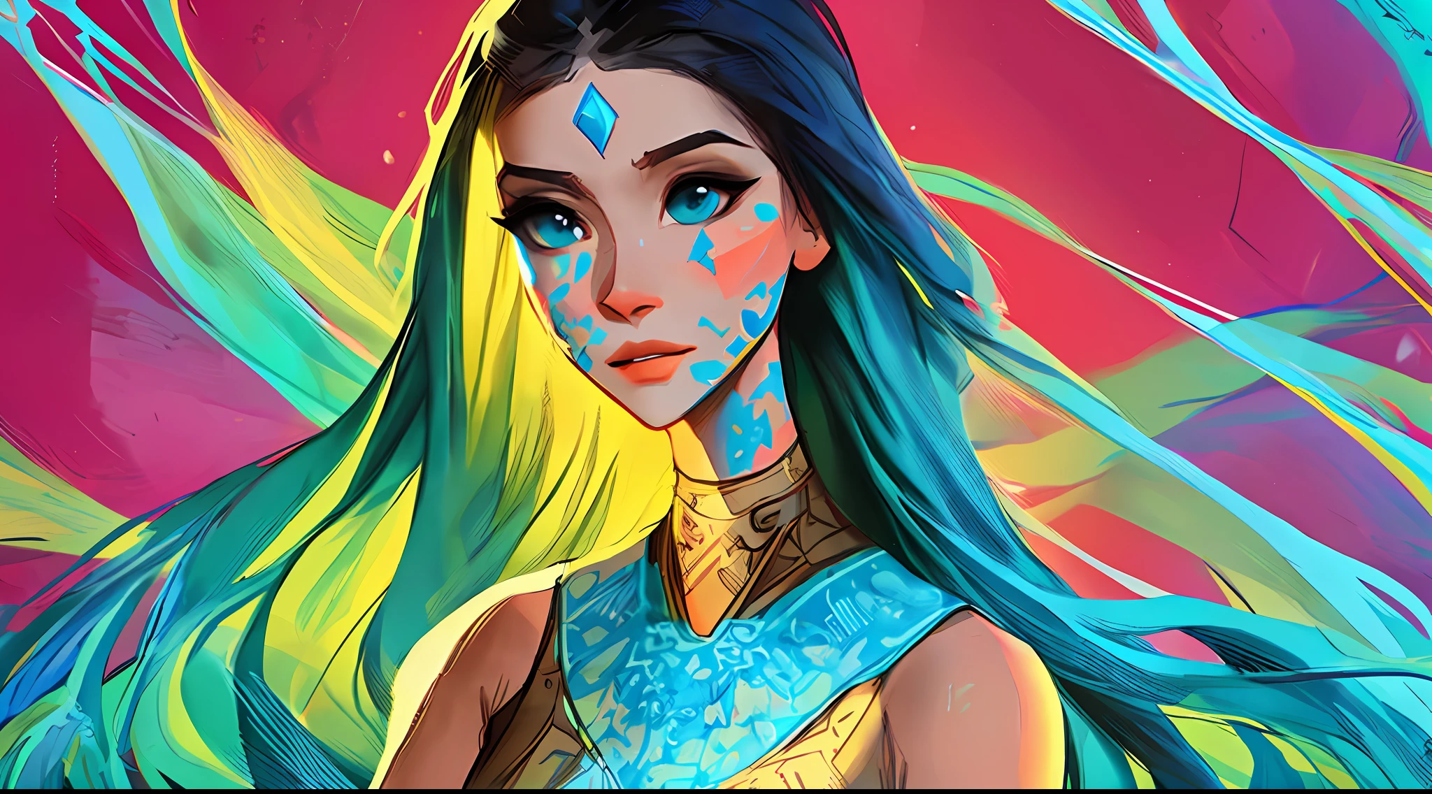 (symmetry:1.1) (portrait of floral:1.05) a woman as a beautiful goddess, (assassins creed style:0.8), blue and pink and opal color scheme, beautiful intricate filegrid facepaint, intricate, elegant, highly detailed, digital painting, artstation, concept art, smooth, sharp focus, illustration, art by greg rutkowski and alphonse mucha, 8k